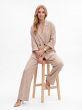 Women's Premium Satin Beige Double-Breasted Blazer & Wide-Leg Trouser Pair Collection | Luxury Women's Satin Pair