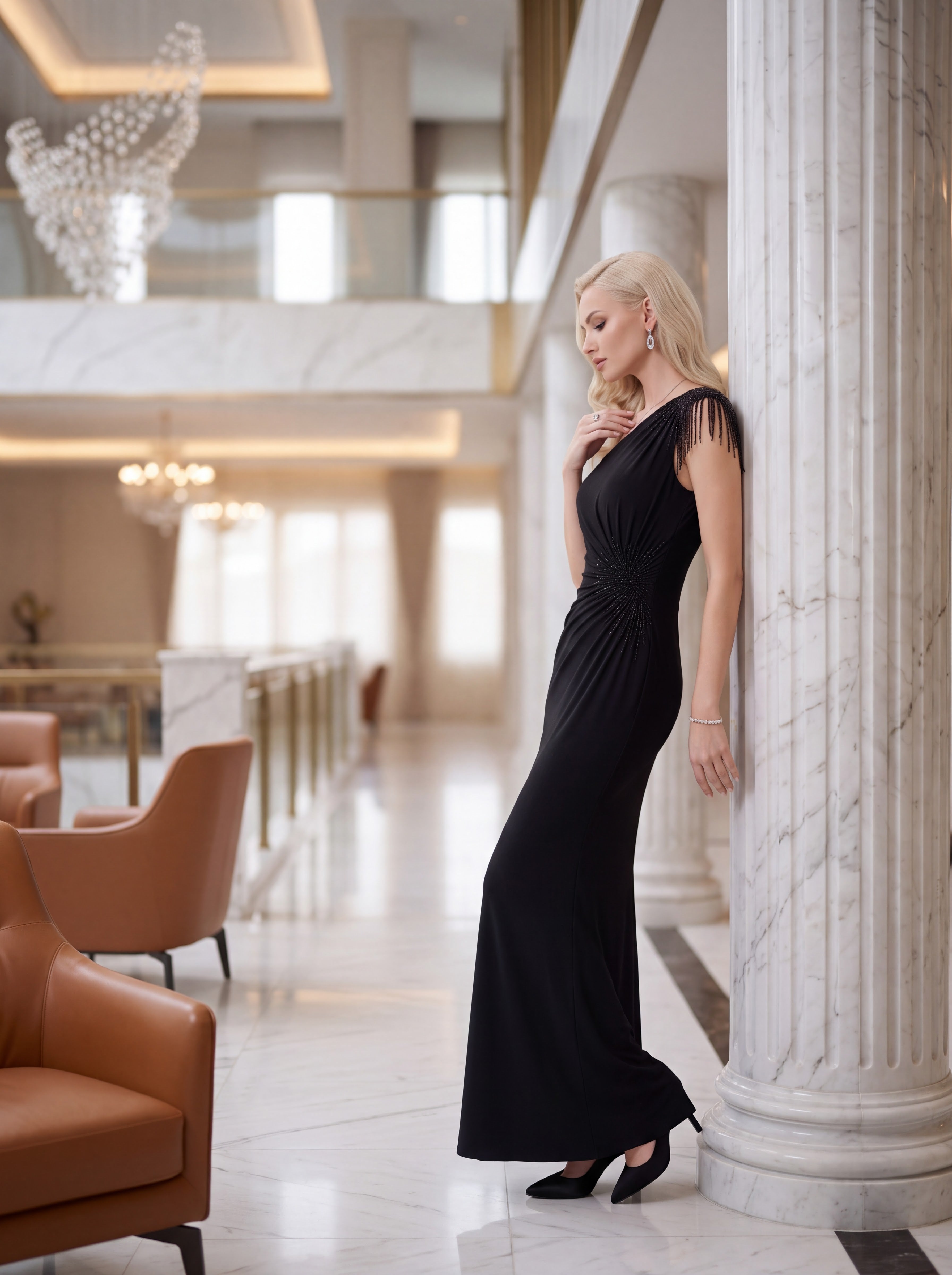 Black One-Shoulder Embellished Evening Gown