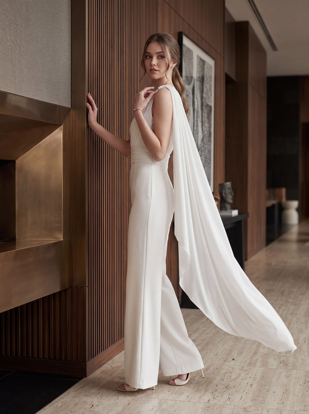 Ivory One-Shoulder Cape Jumpsuit