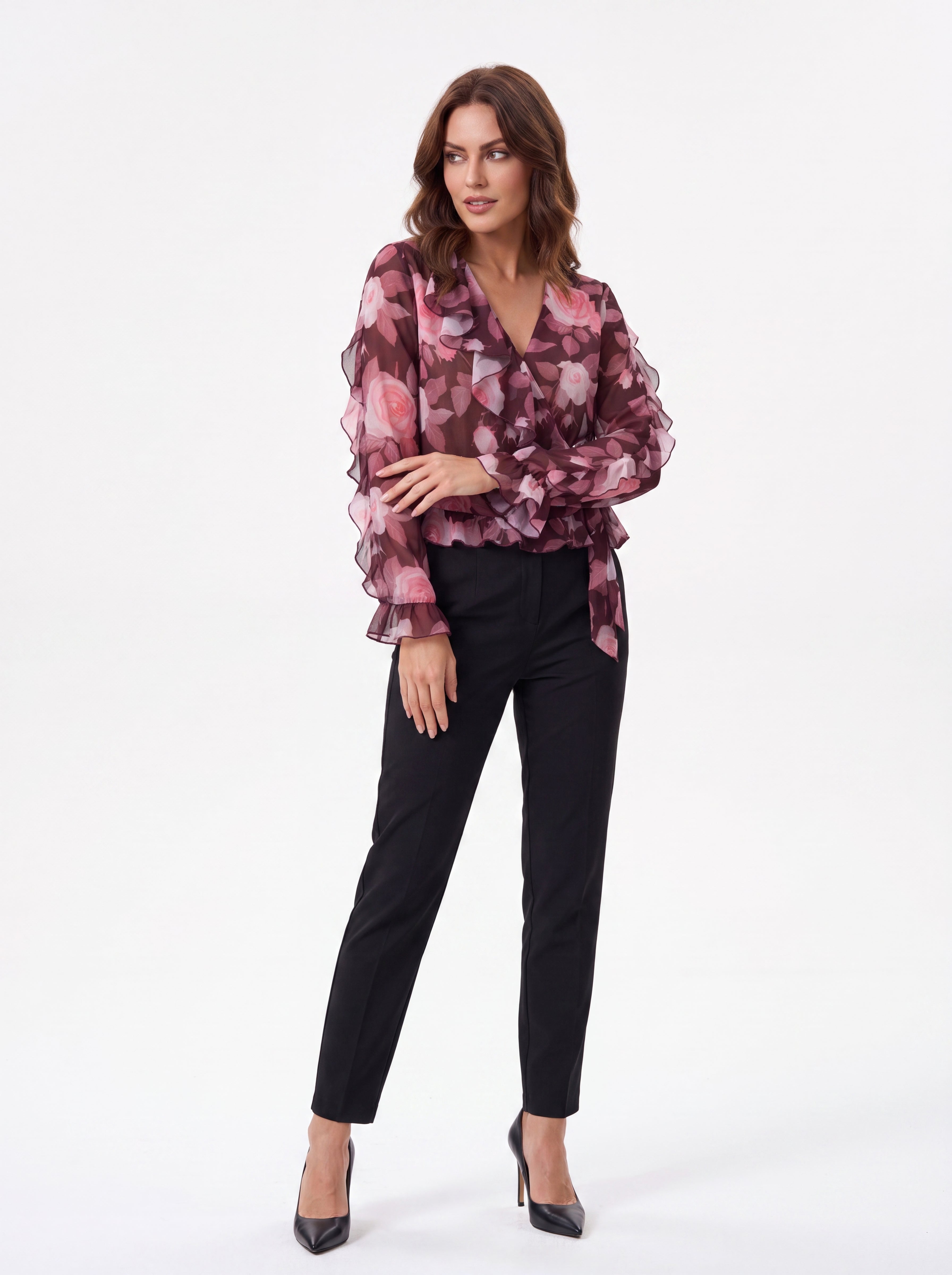 Women's Floral Ruffle Wrap Top | Premium European Sheer Blouse