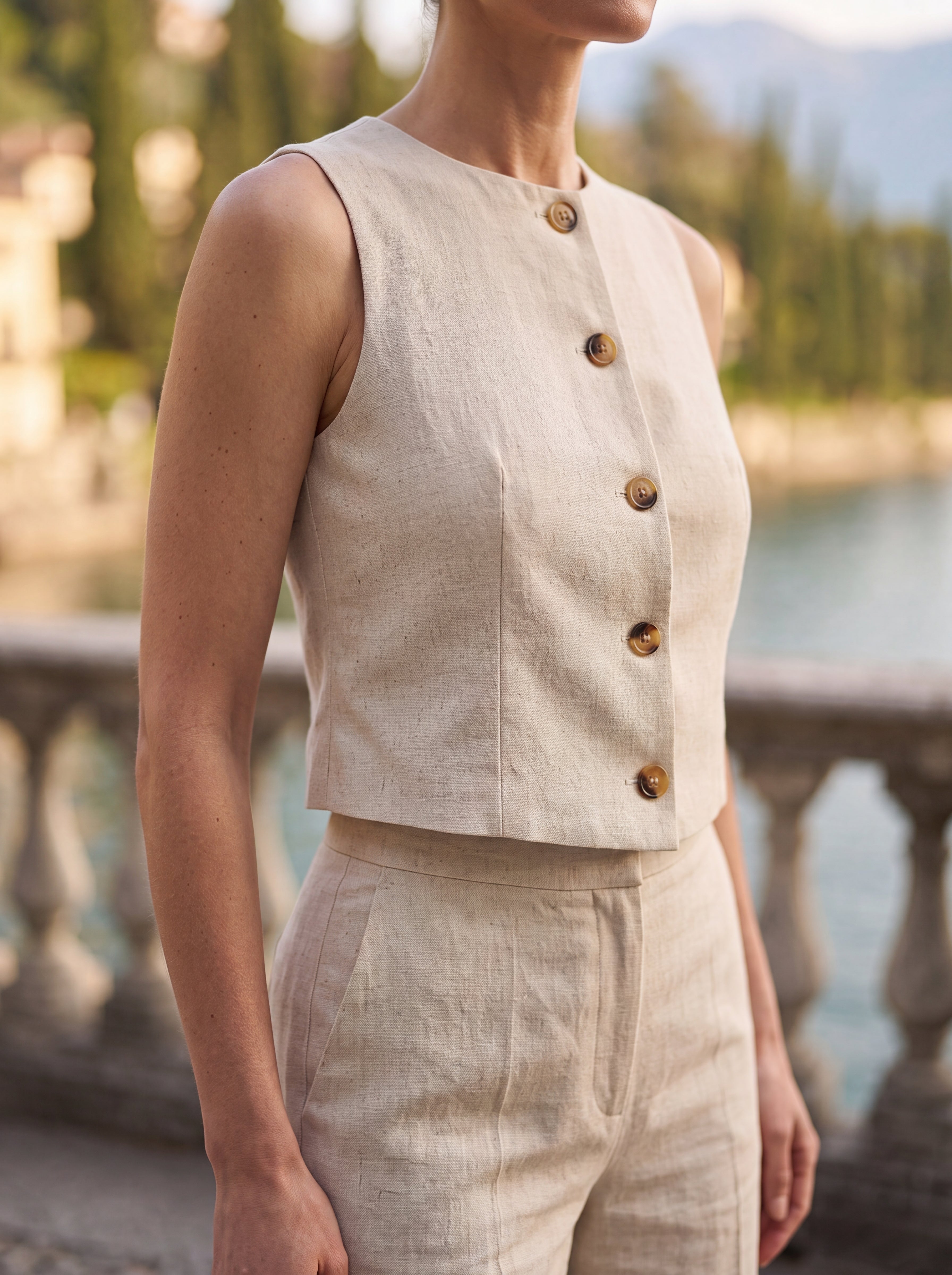 Women's Beige Sleeveless Button Front Top | Minimalist Elegant Vest