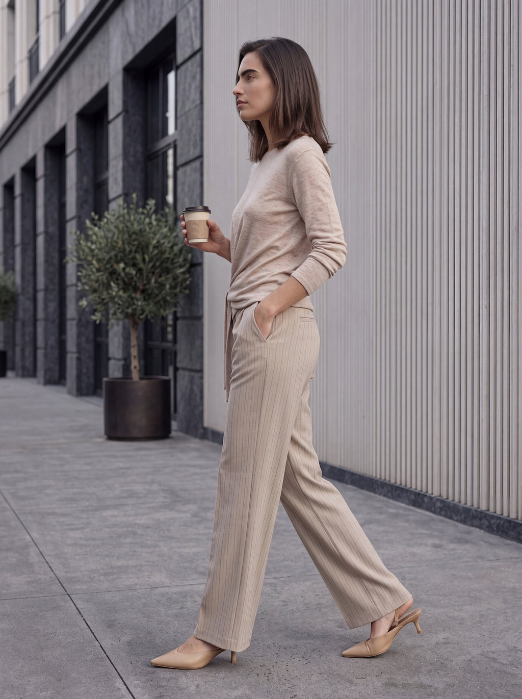 Women's Beige Tie-Front Knit Top – Elegant Long Sleeve European Wrap Style Top