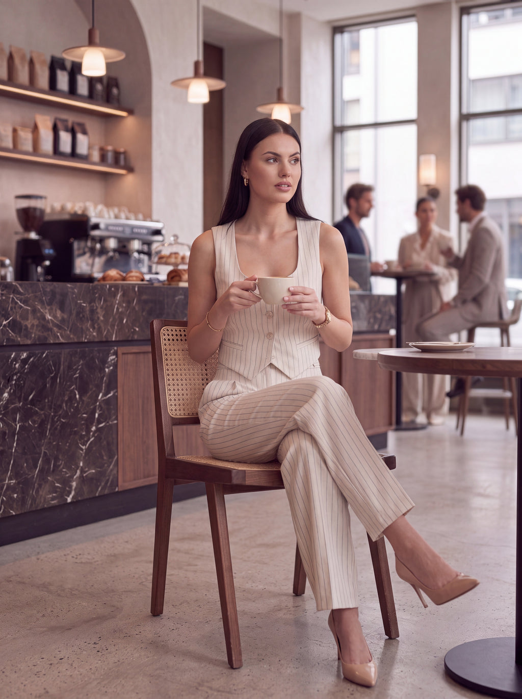 Women's Beige Pinstripe High-Waisted Wide Leg Tailored Trousers – Premium European Formal Pants