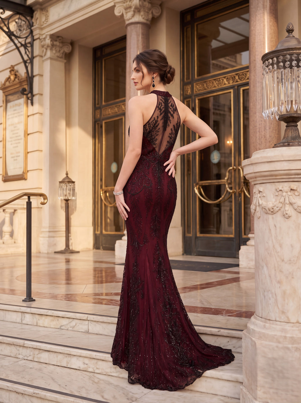 Burgundy Embellished Mermaid Evening Gown