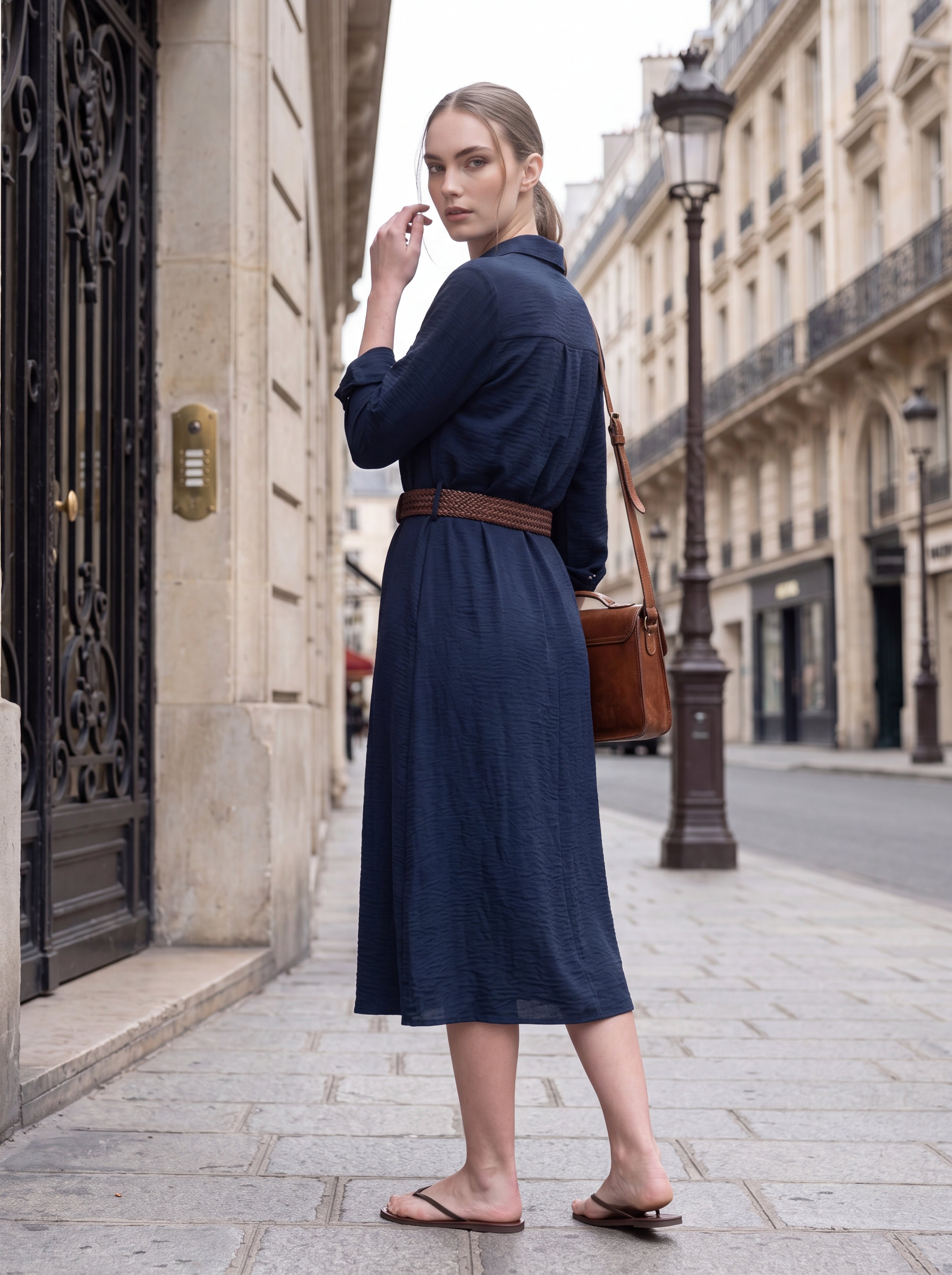 Women's Navy Button-Front Shirt Midi Dress with Belt
