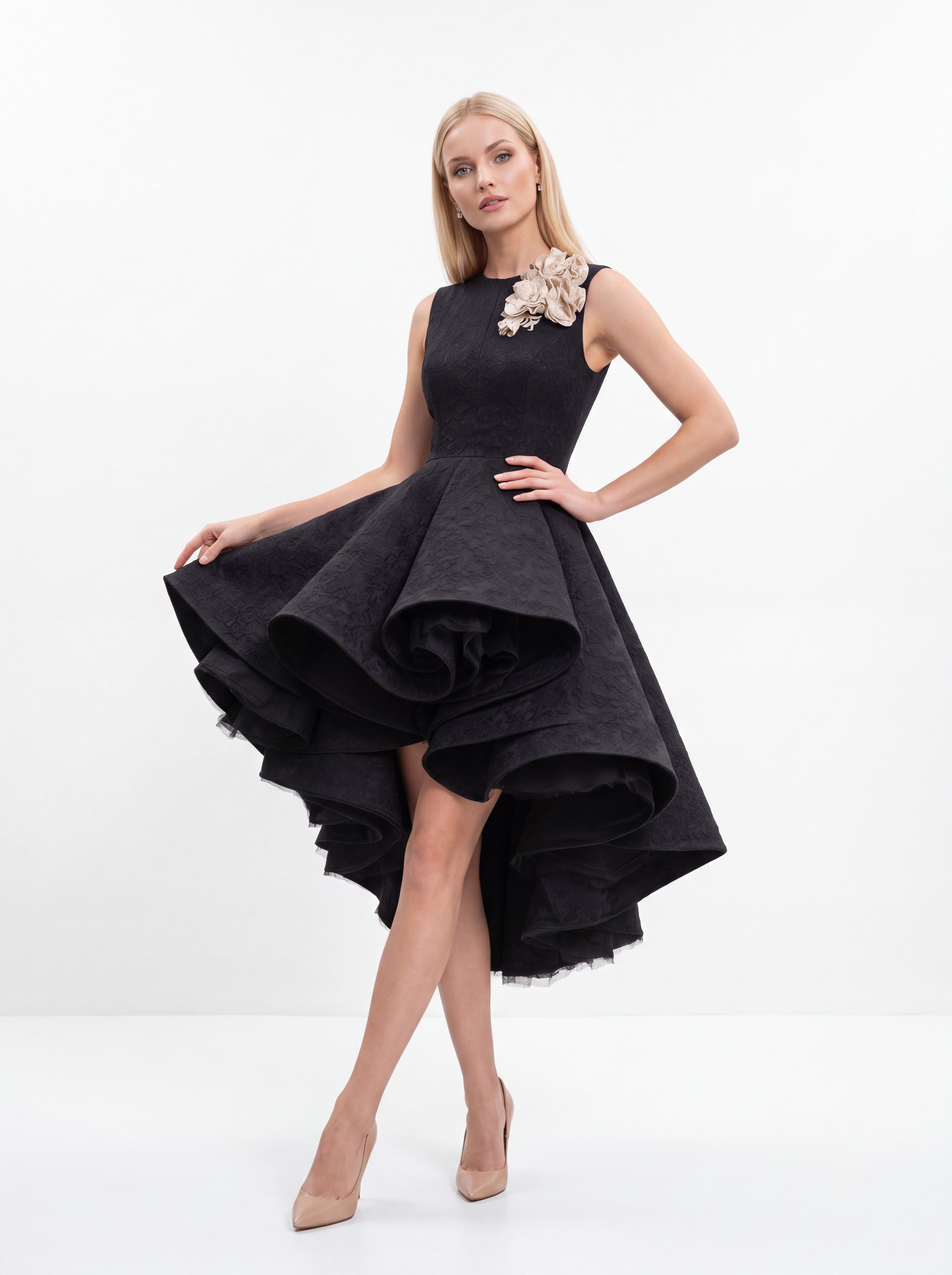 Black High-Low Ruffle Cocktail Dress