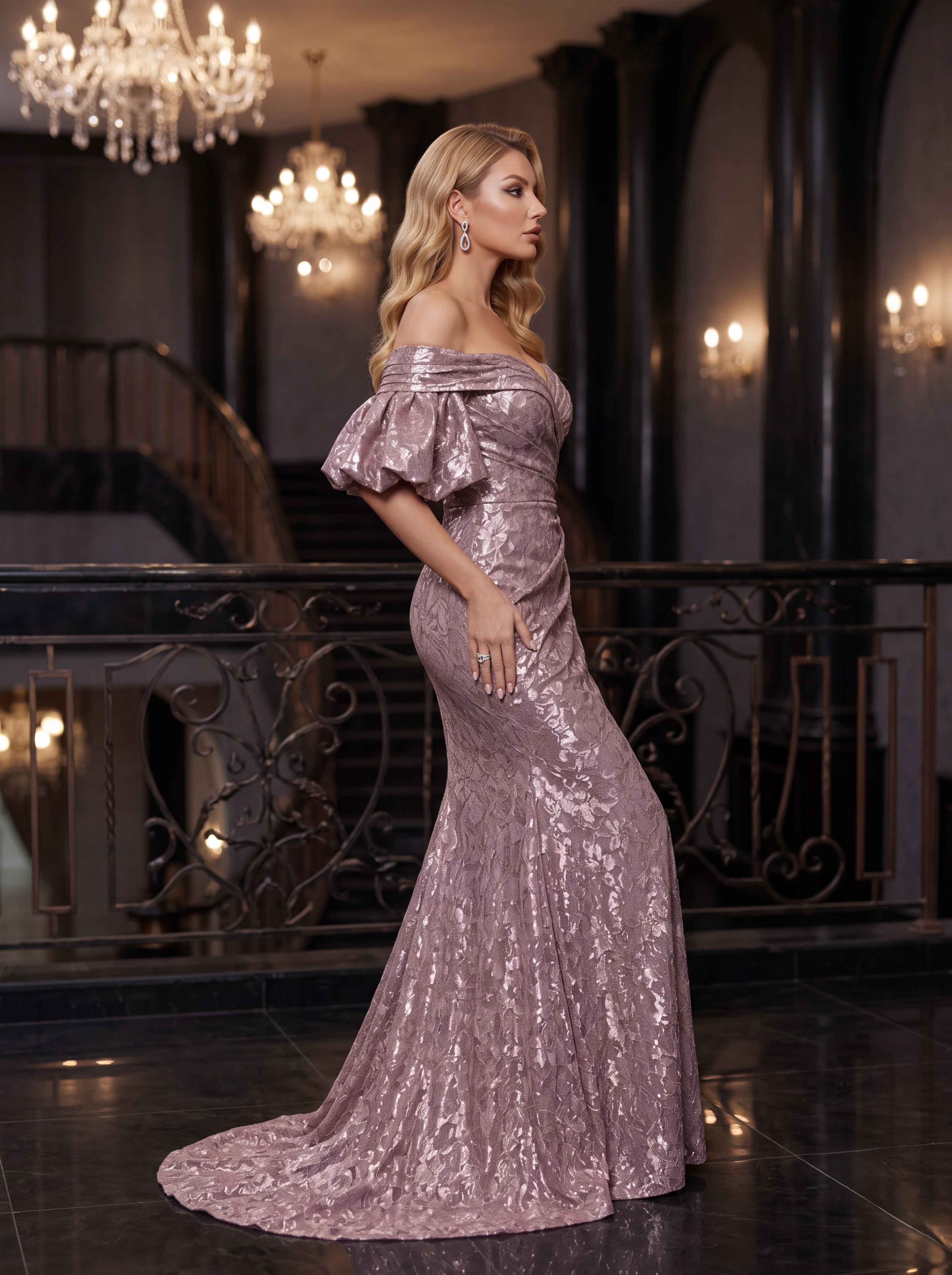 Rose Gold Off-Shoulder Metallic Mermaid Evening Gown