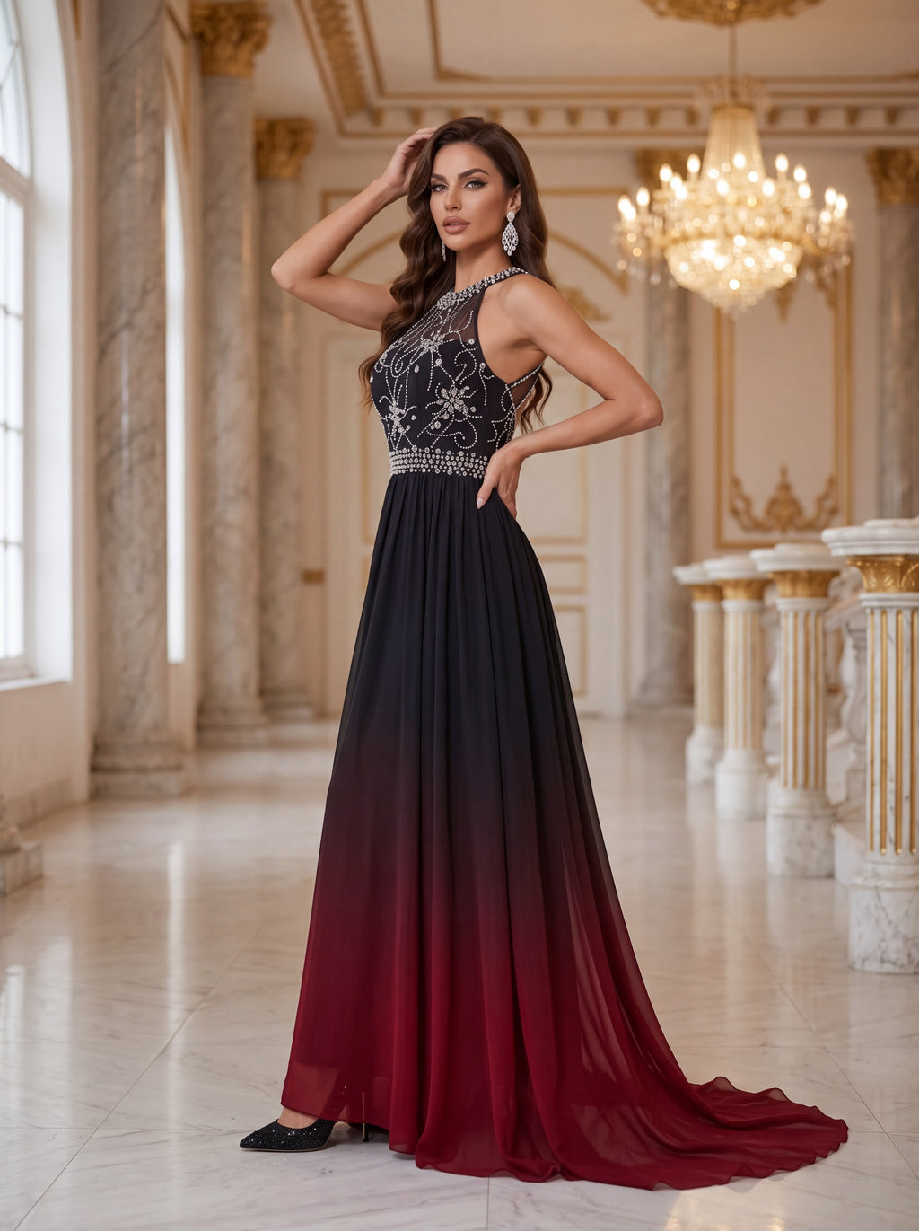 Ombre Embellished Chiffon Evening Gown