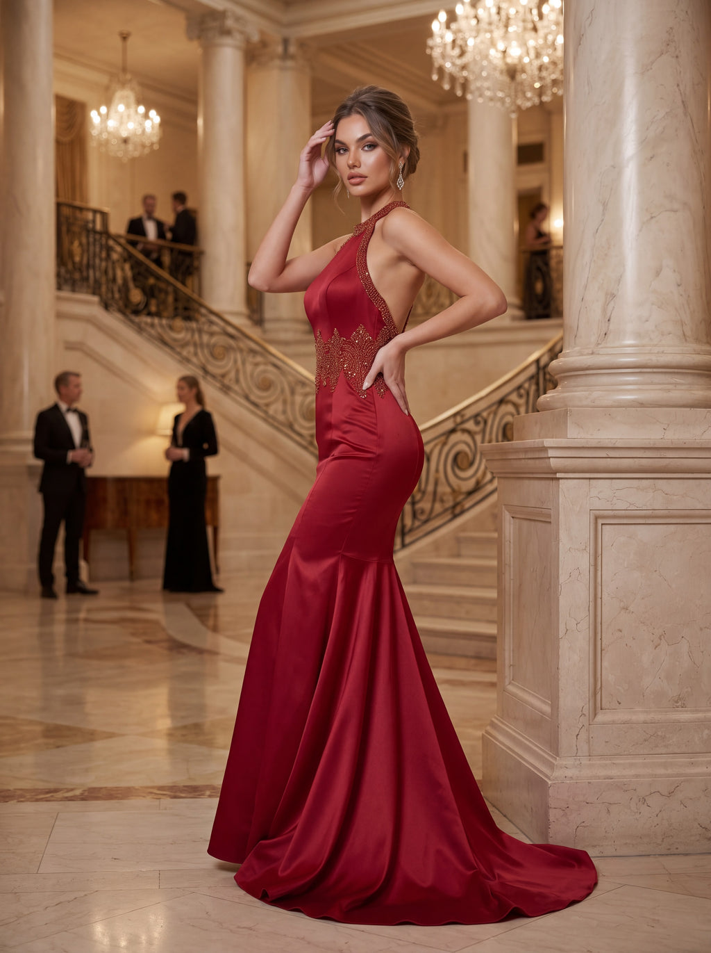 Red Satin Mermaid Evening Gown