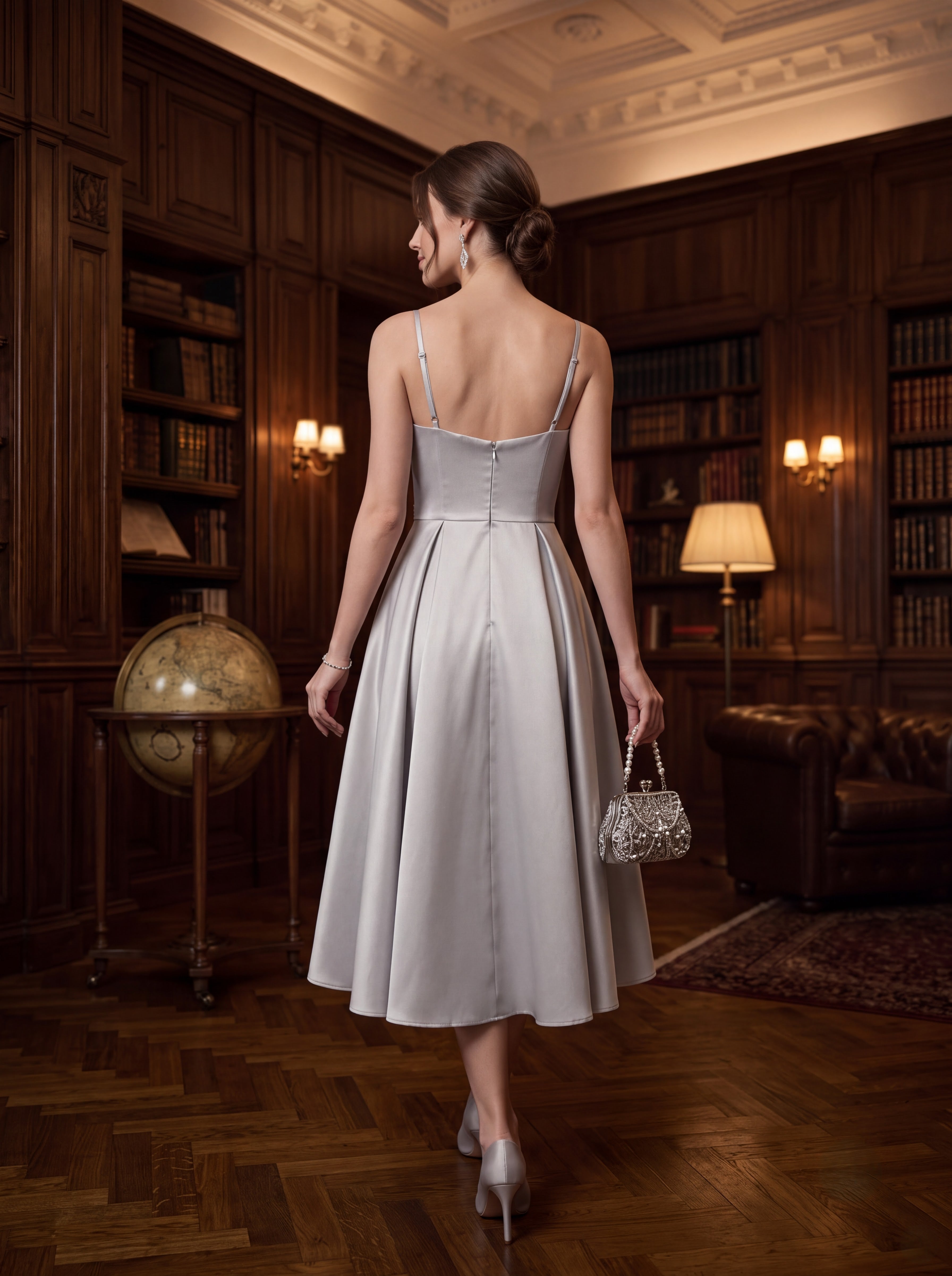 Silver Satin A-Line Midi Dress