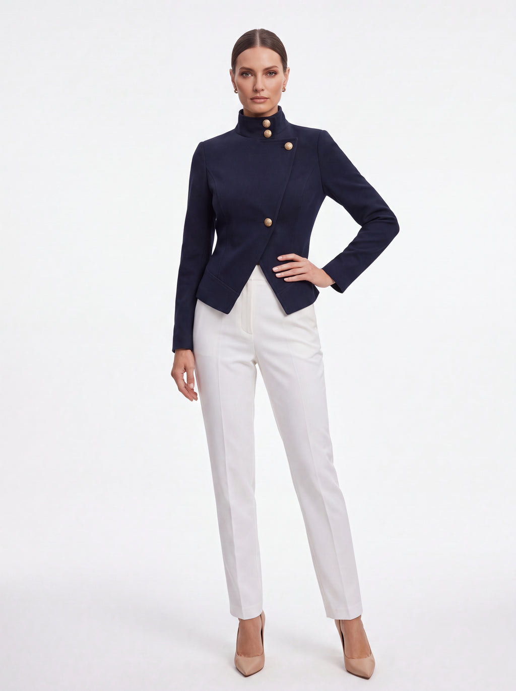 Women's Navy High-Neck Tailored Jacket | Premium European Statement Blazer