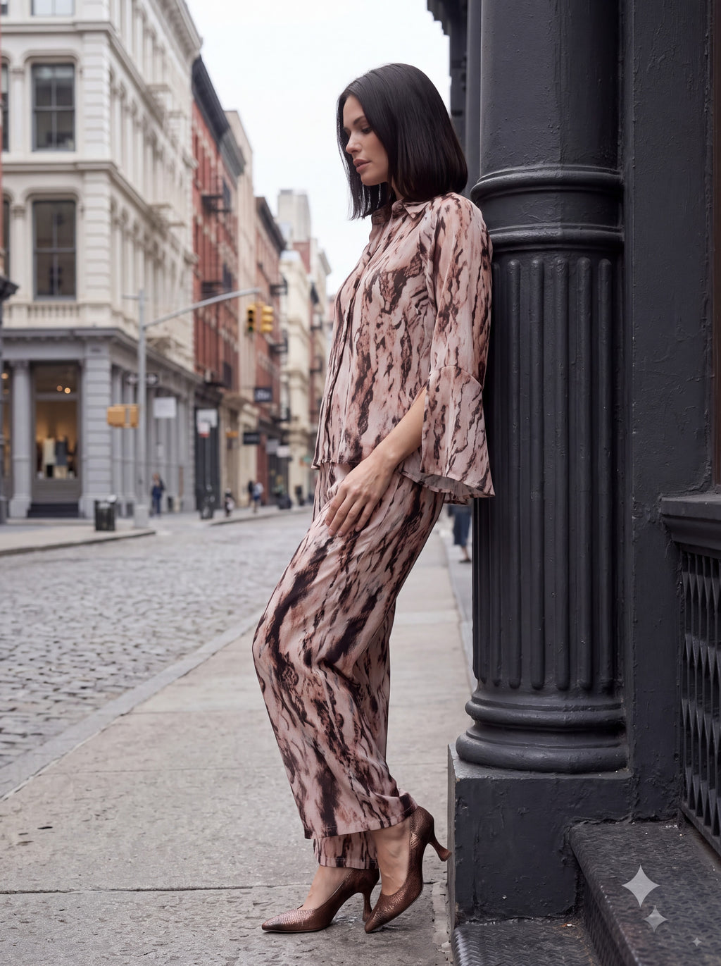 Women's Marble Print Pair Collection | Premium European Women's Printed Shirt & Wide-Leg Trouser Pair