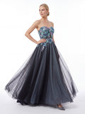 Charcoal Grey Floral Strapless Ball Gown