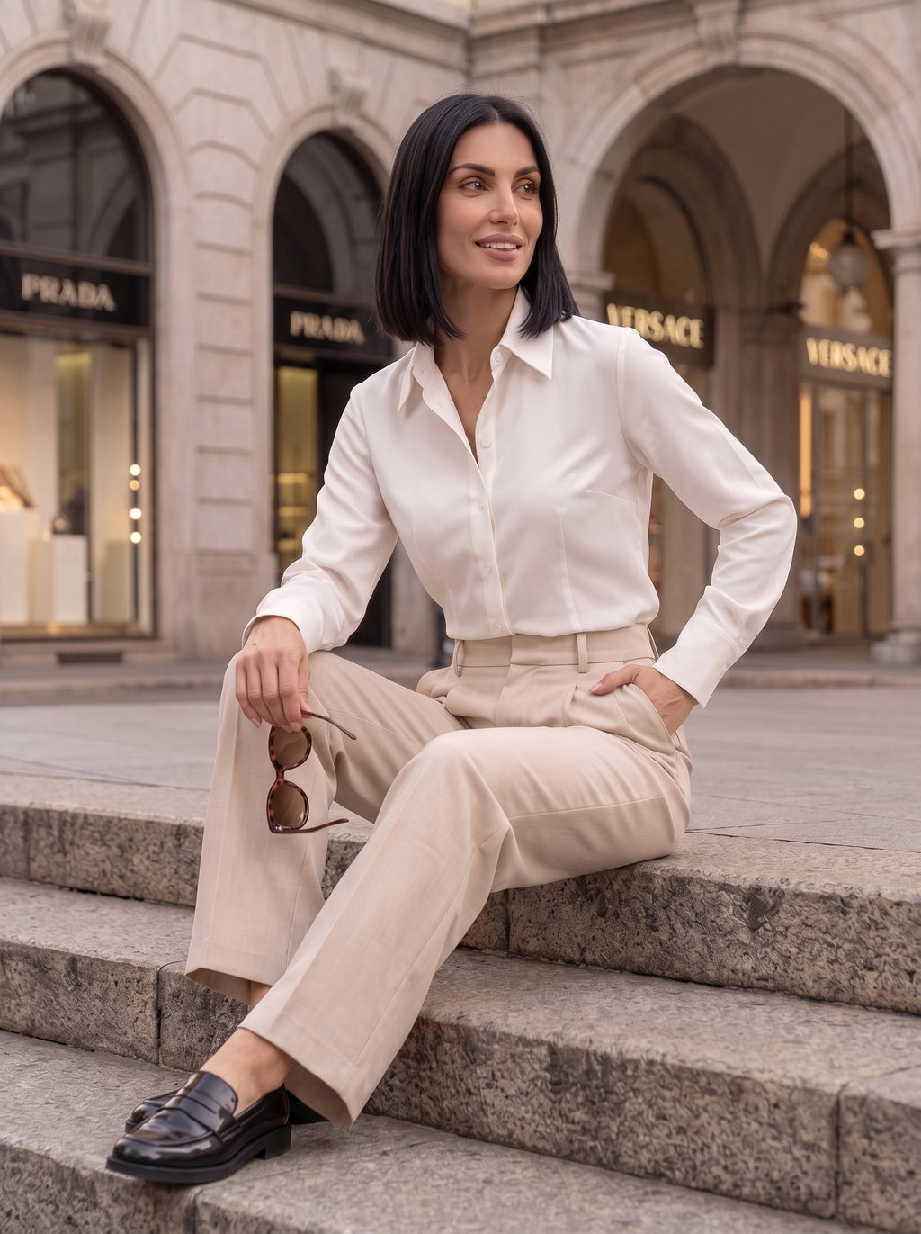 Women's Beige High-Waisted Wide-Leg Tailored Trousers – Premium European Formal Office Pants