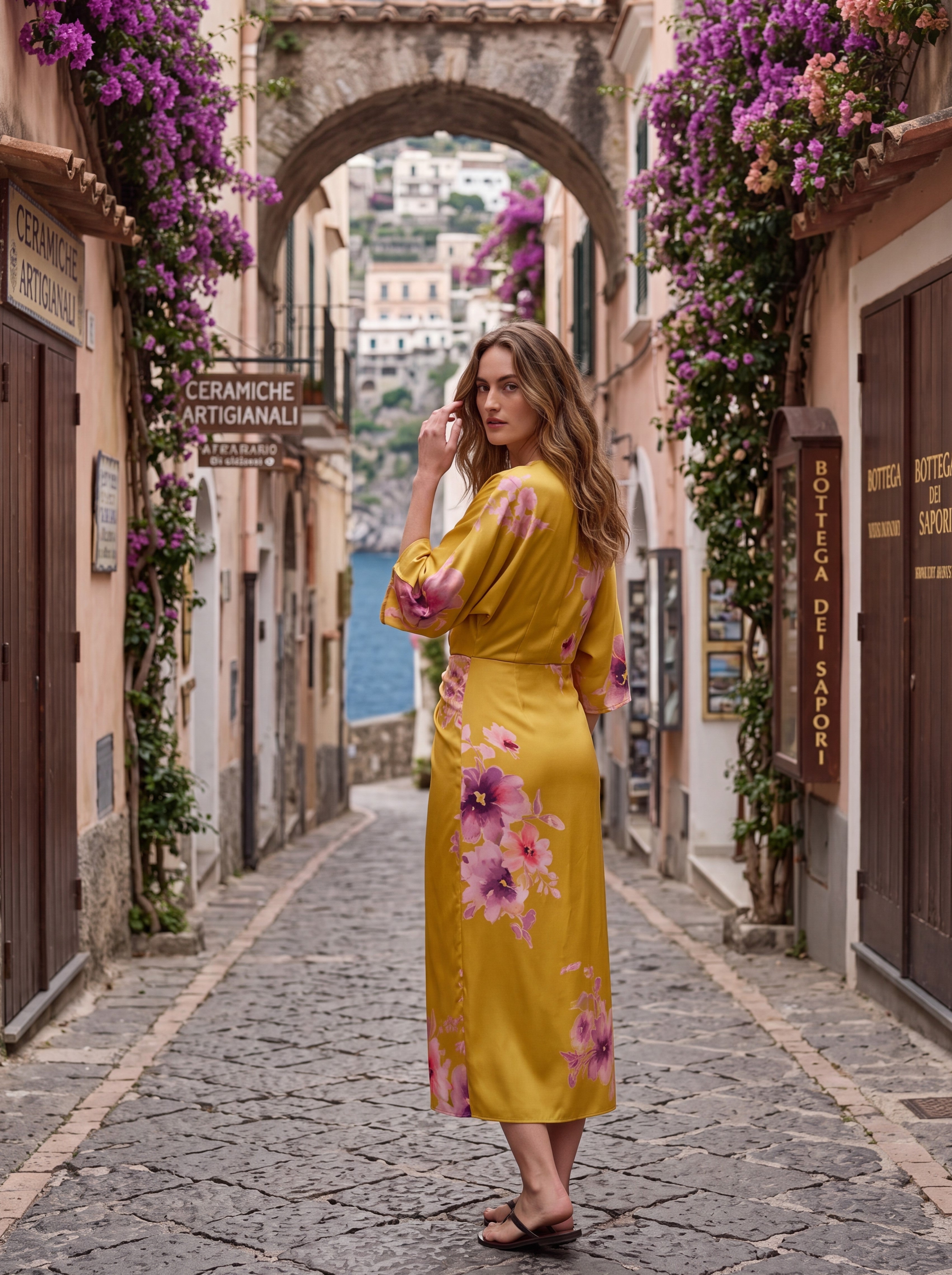 Women's Floral Satin Twist Waist Midi Dress – Mustard Yellow