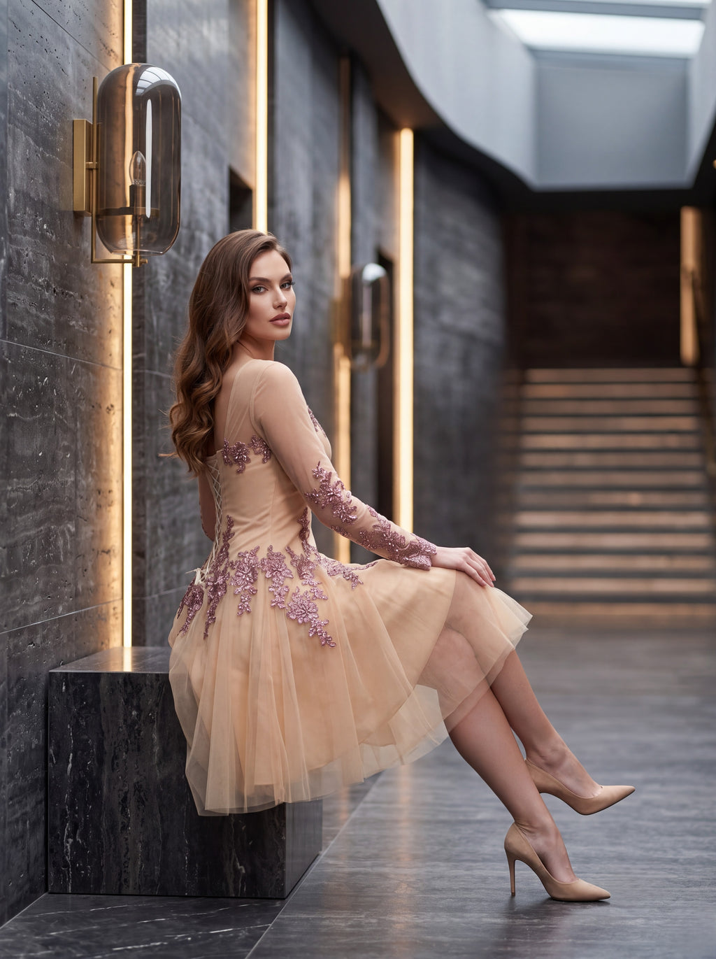 Blush Peach Embroidered Tulle Mini Dress