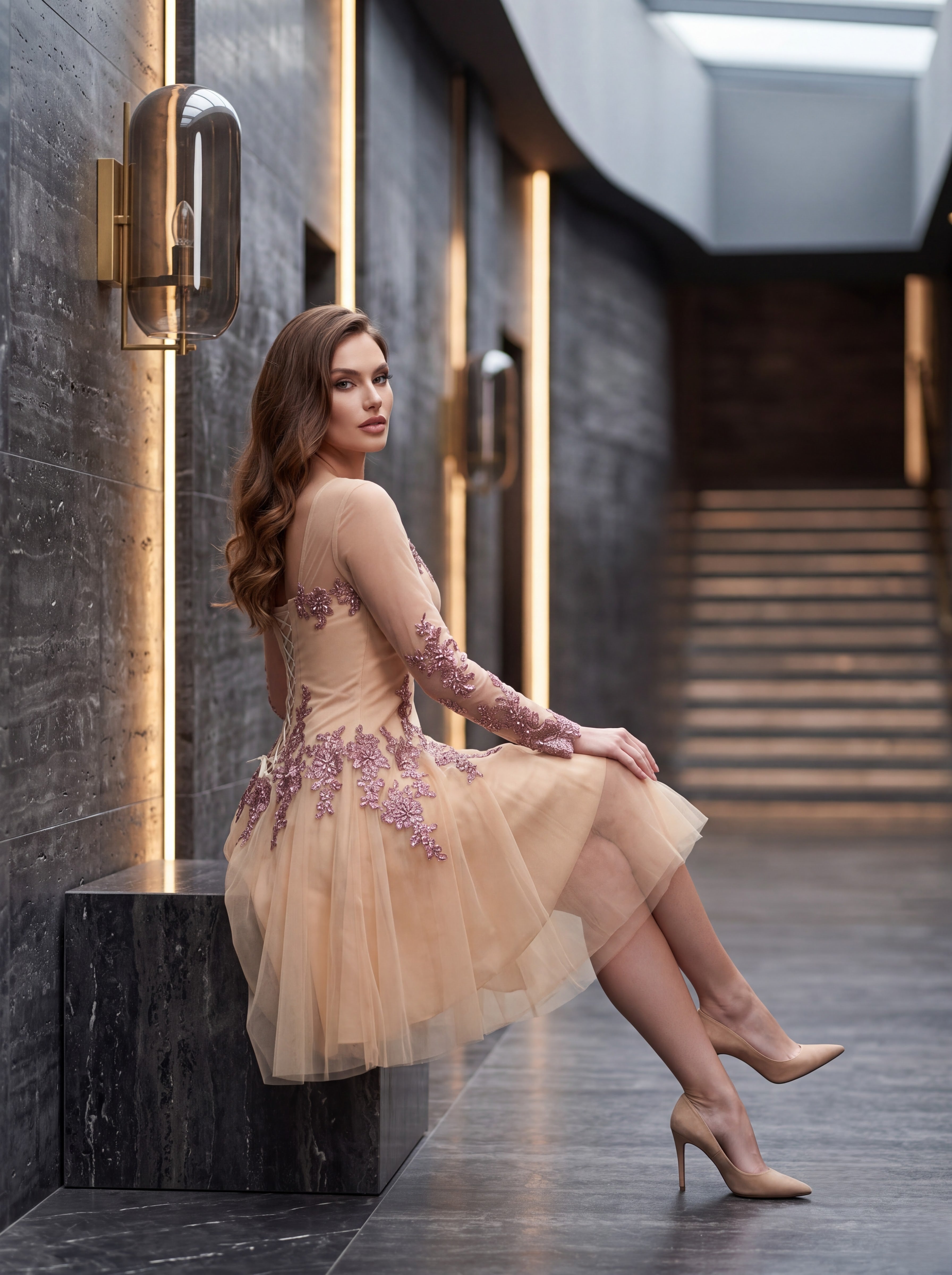 Blush Peach Embroidered Tulle Mini Dress