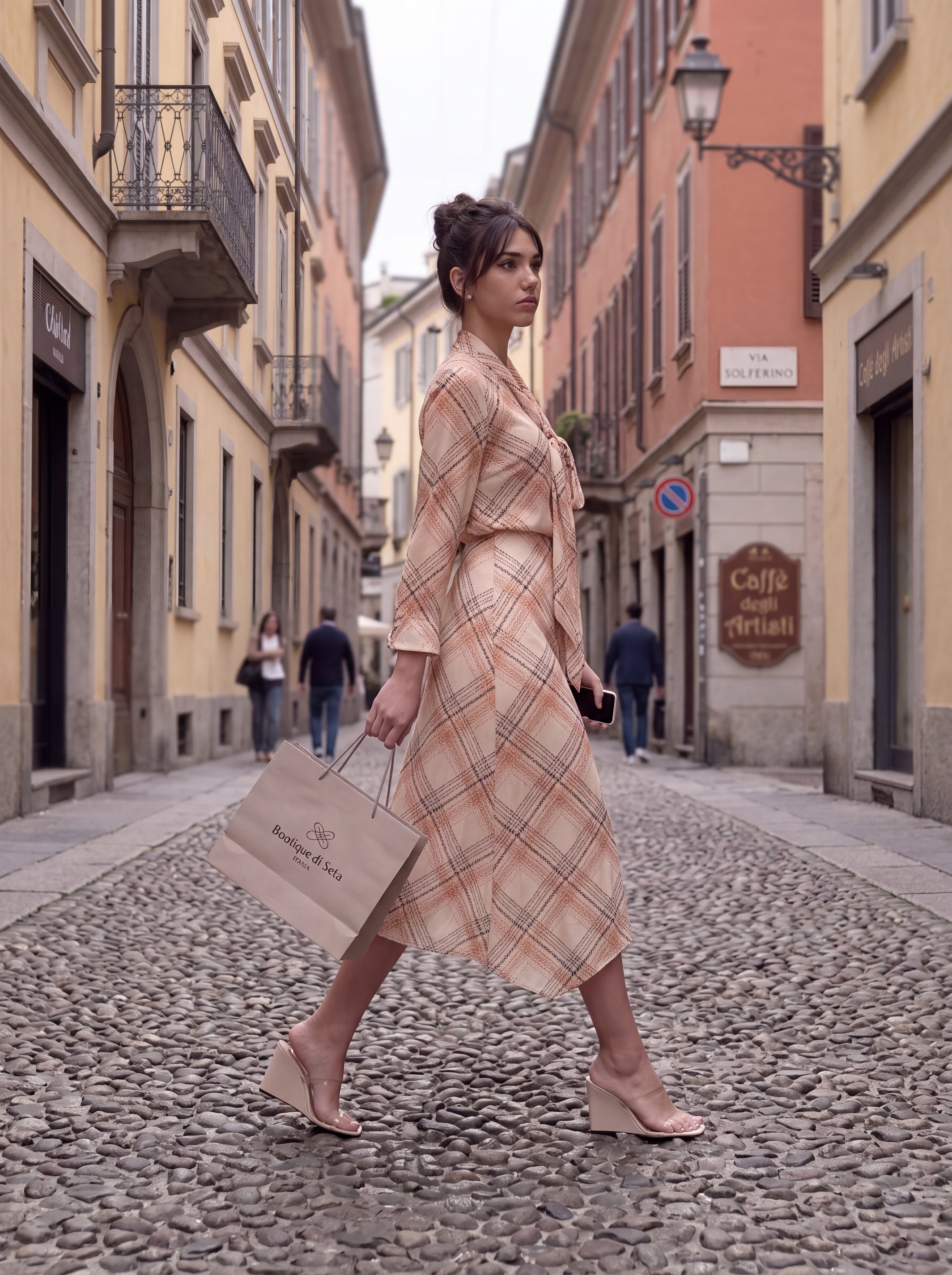 Women's Blush Check Print Tie-Neck Midi Dress