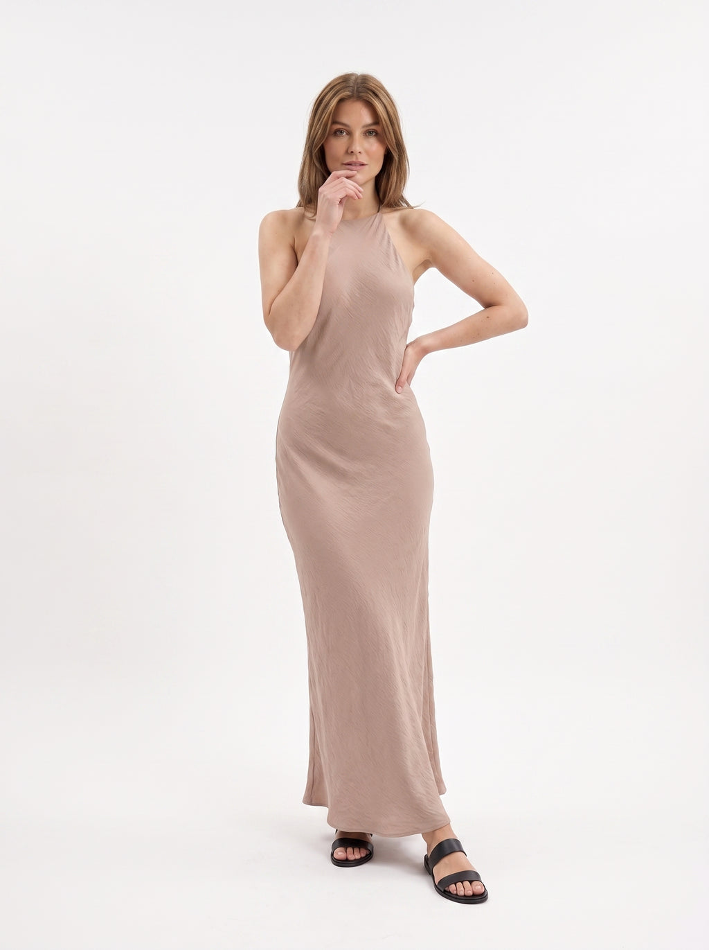 Women's Beige Satin Halter Maxi Dress | Premium European Elegant Evening Dress