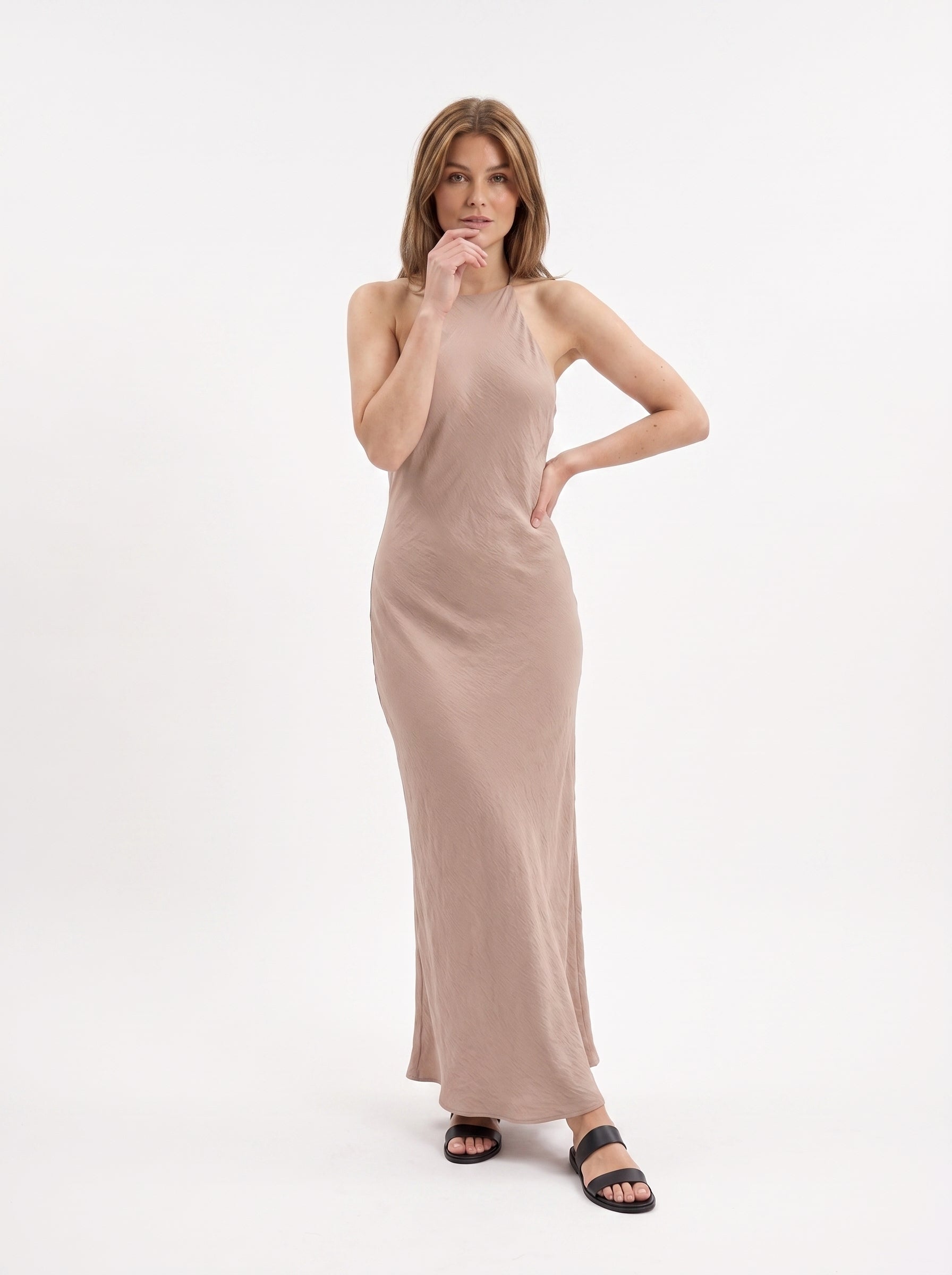 Women's Beige Satin Halter Maxi Dress | Premium European Elegant Evening Dress