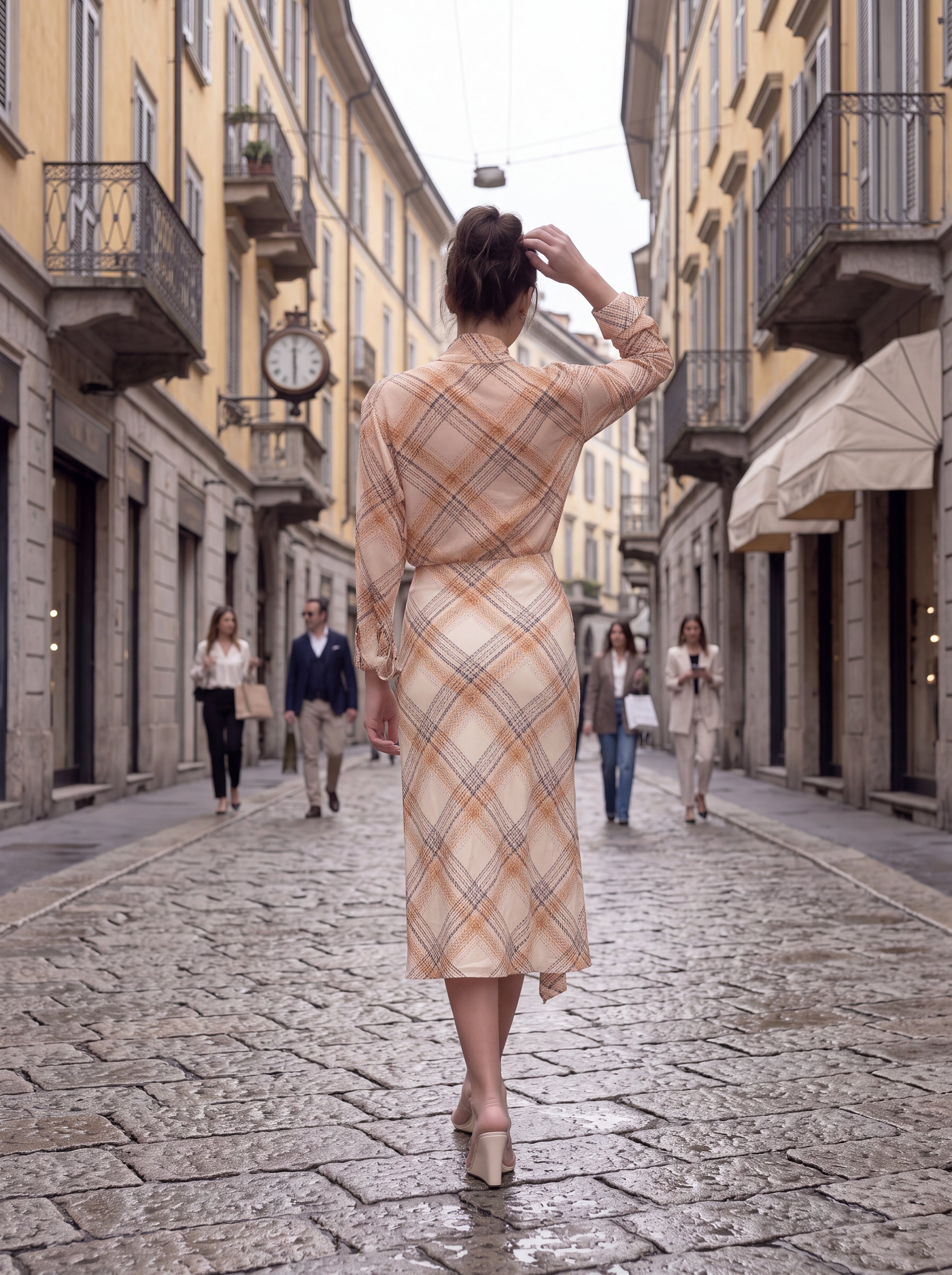 Women's Blush Check Print Tie-Neck Midi Dress