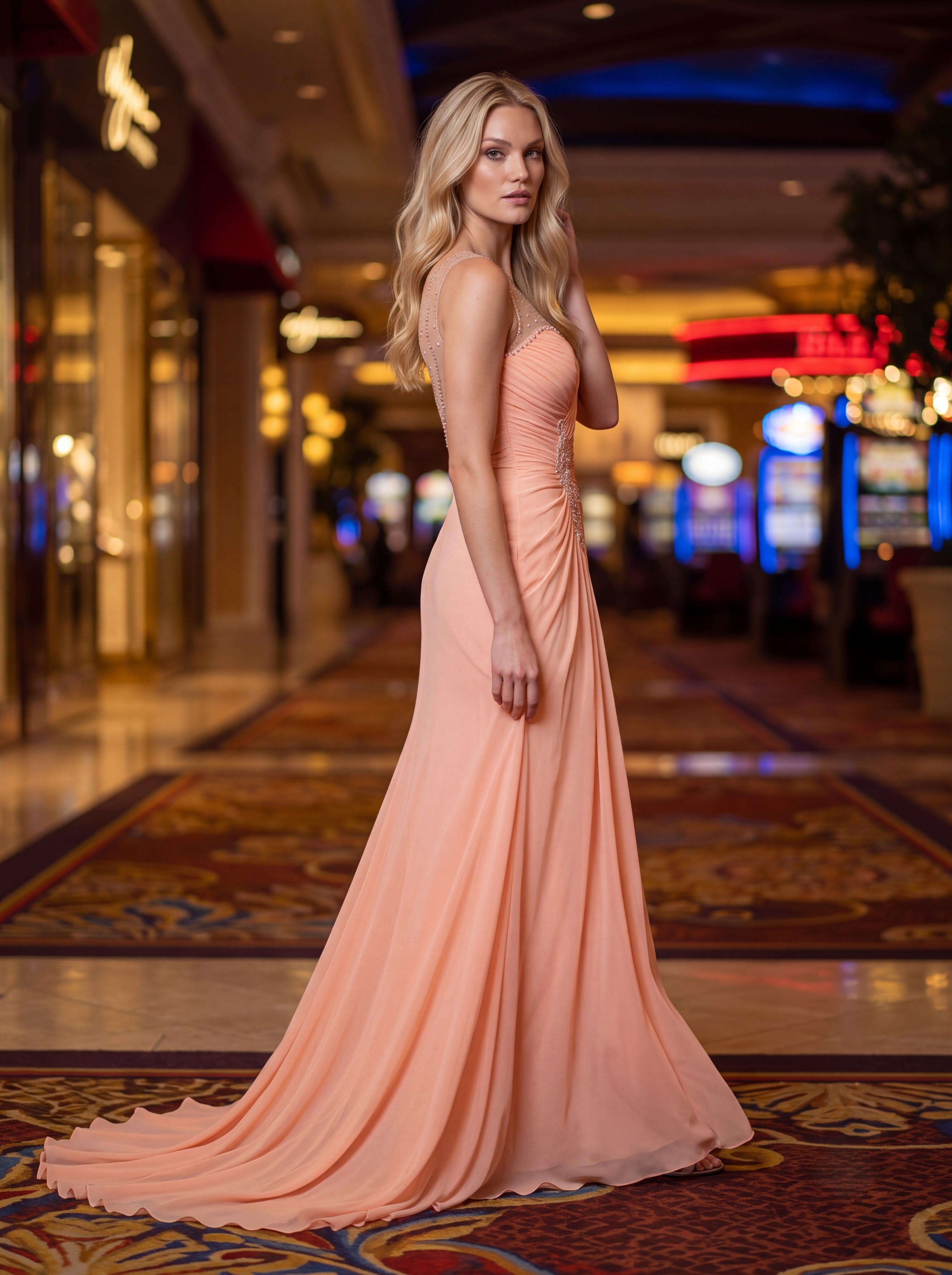 Peach Embellished Ruched Evening Gown