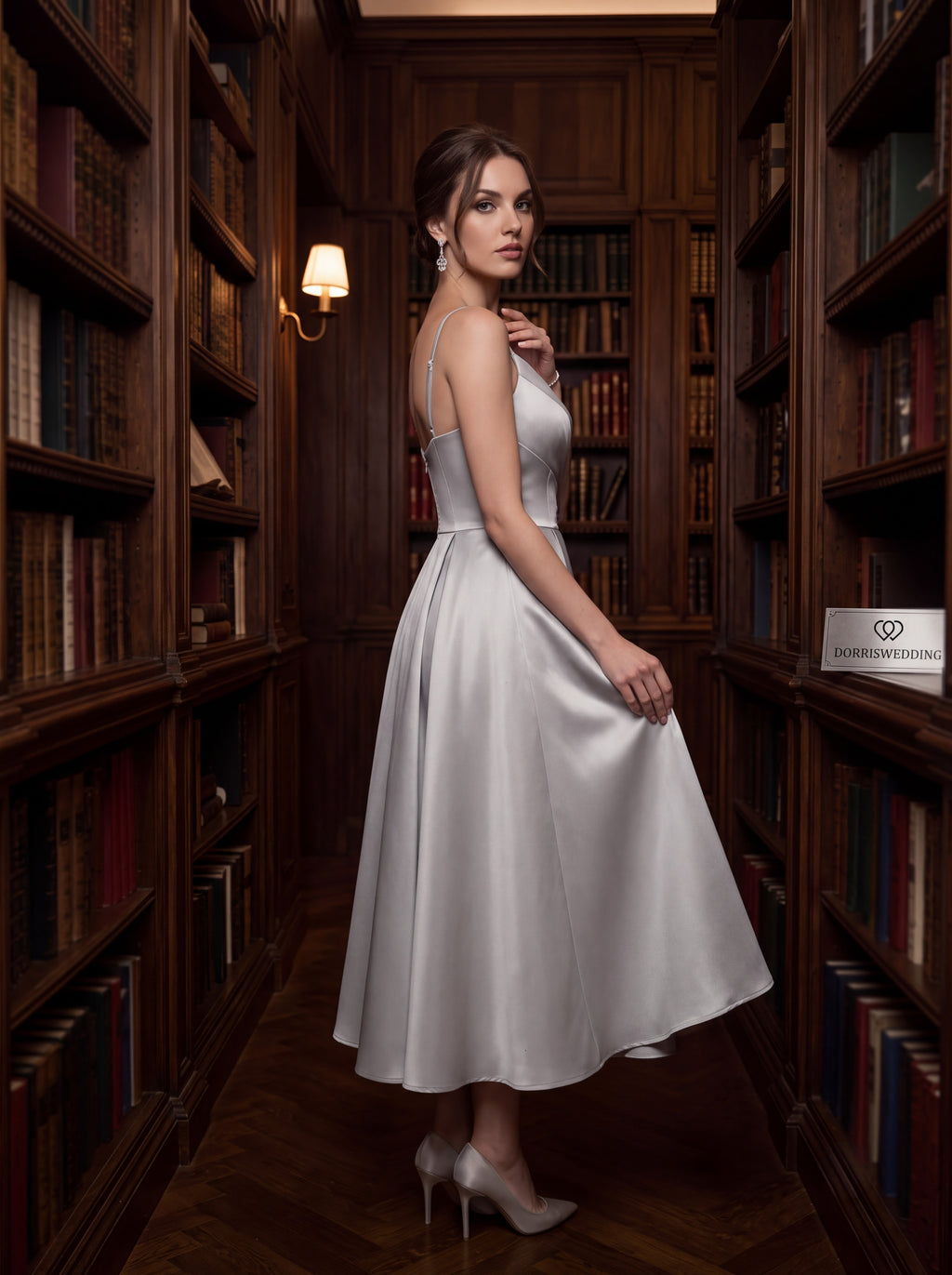 Silver Satin A-Line Midi Dress