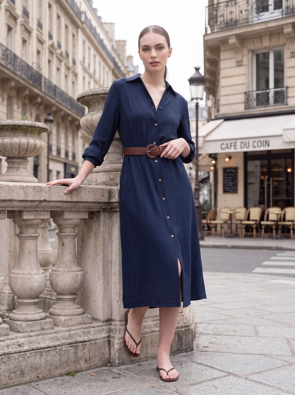 Women's Navy Button-Front Shirt Midi Dress with Belt