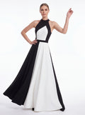 Black & White Color Block Halter Evening Gown