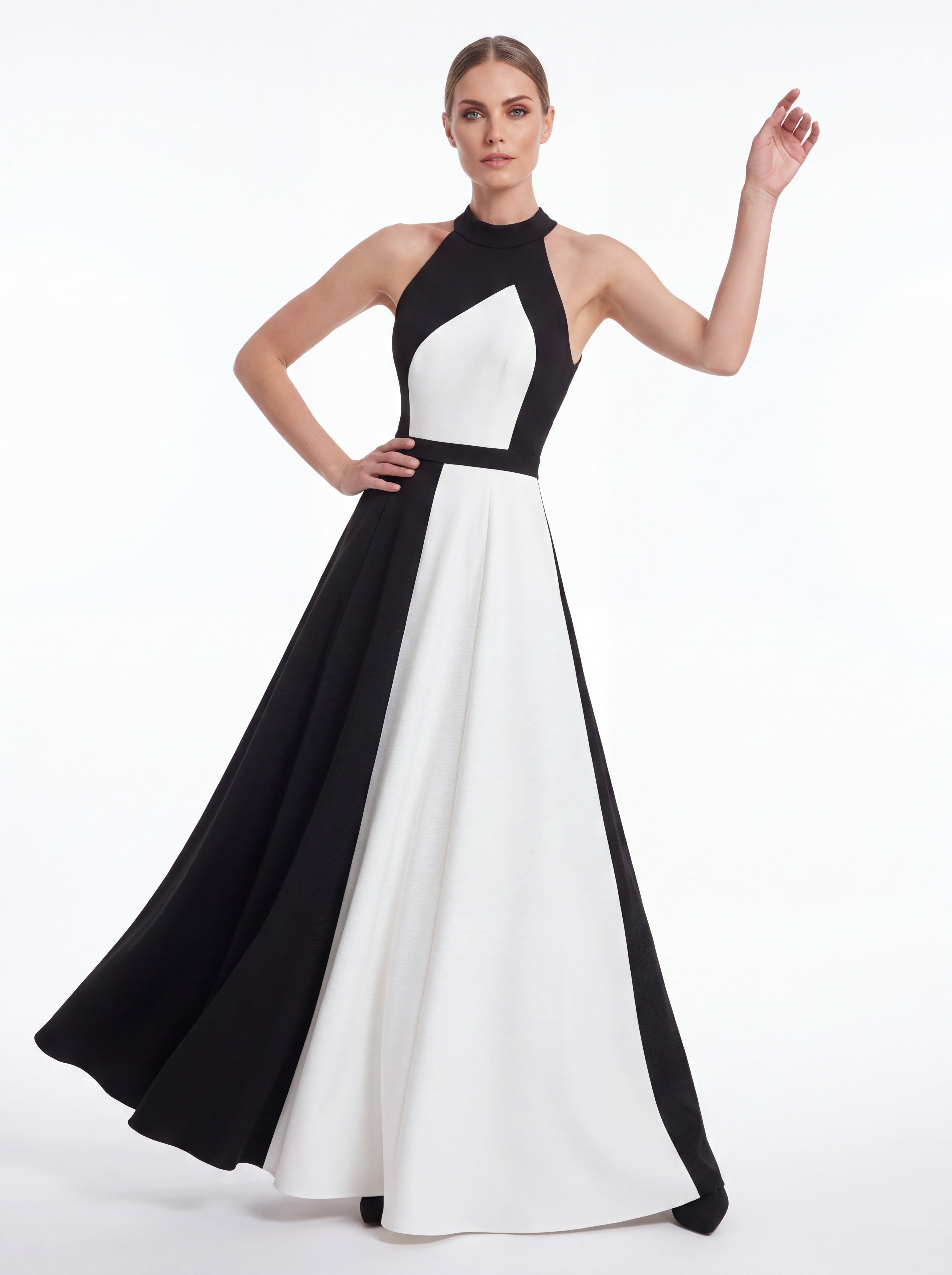 Black & White Color Block Halter Evening Gown