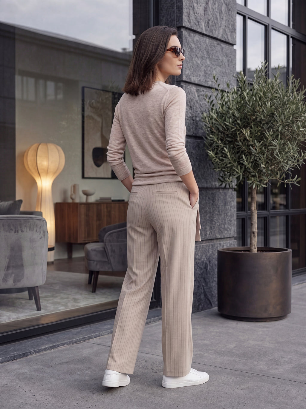 Women's Beige Tie-Front Knit Top – Elegant Long Sleeve European Wrap Style Top