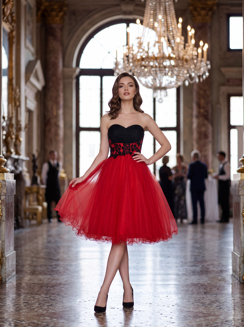 Red & Black Strapless Lace Tulle Midi Dress