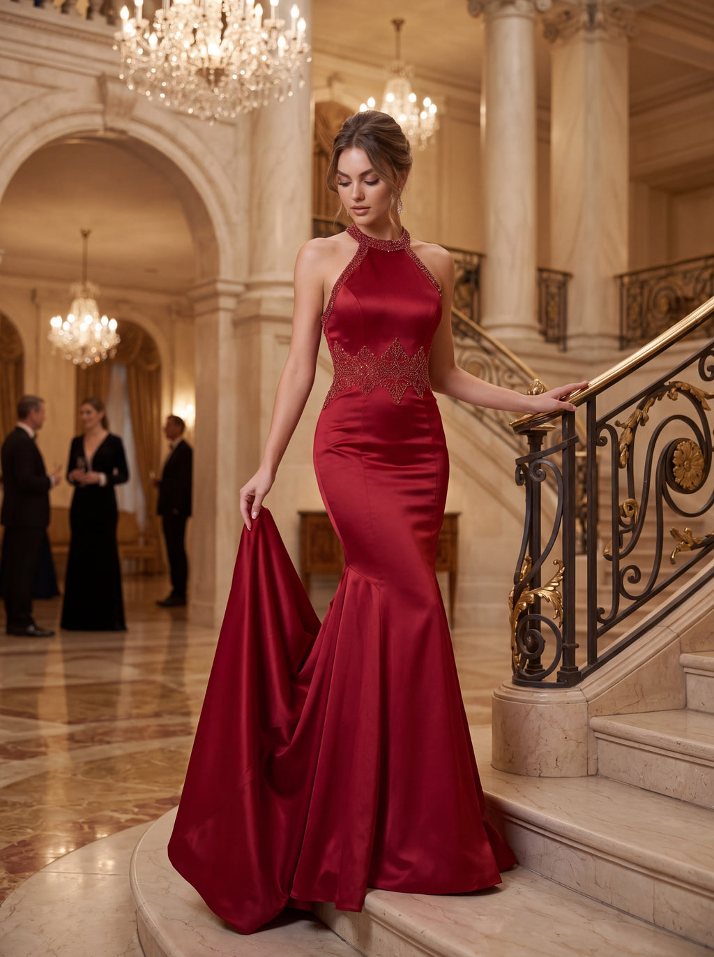 Red Satin Mermaid Evening Gown