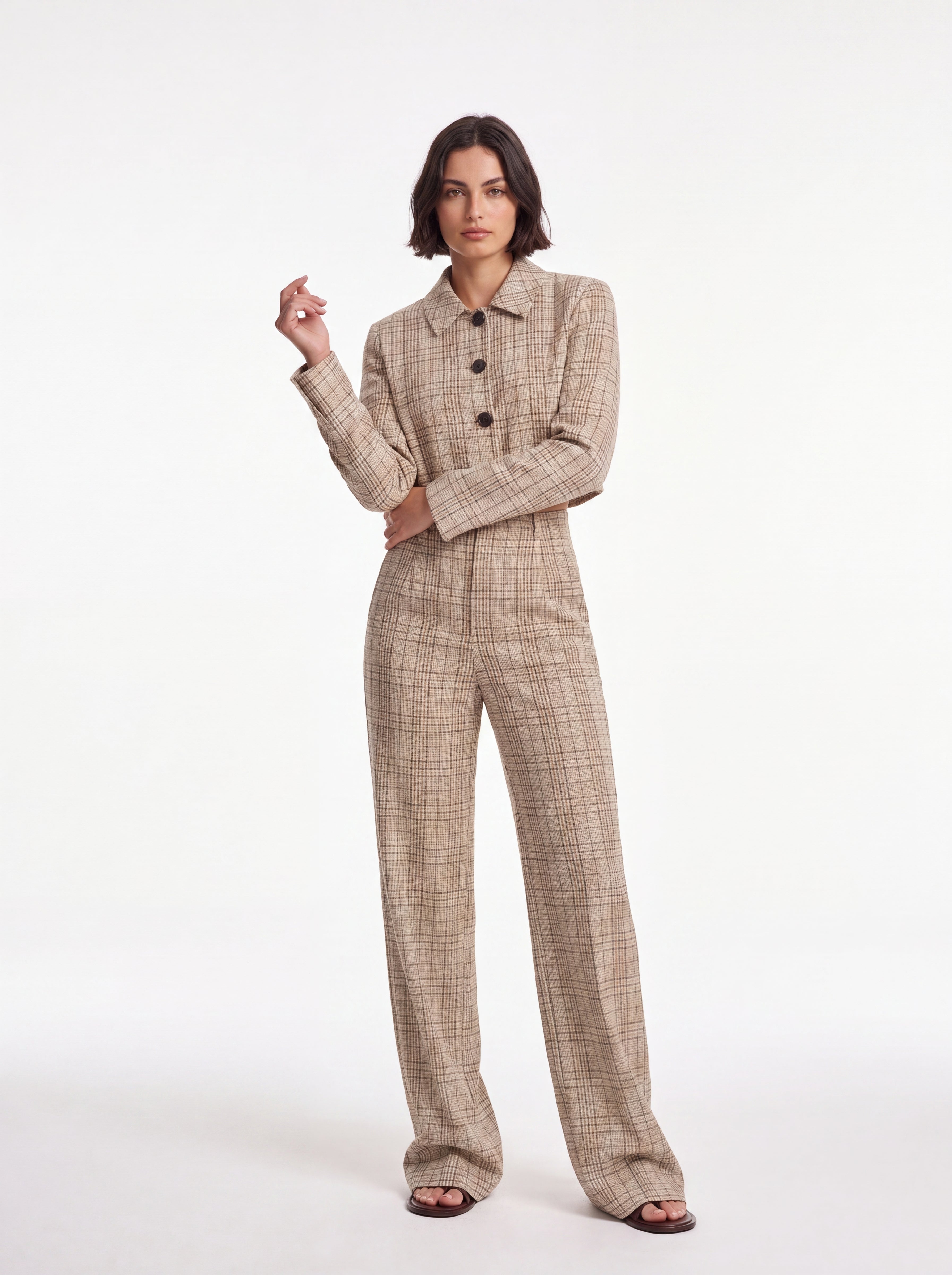 Women's Beige Plaid High-Waisted Wide-Leg Tailored Trousers – Premium European Check Formal Pants