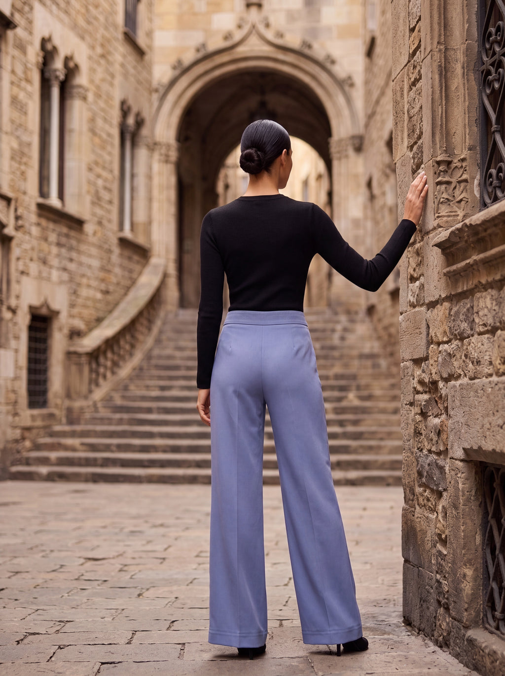 Women's Powder Blue Wide Leg Trousers – Premium European High-Waisted Formal Pants