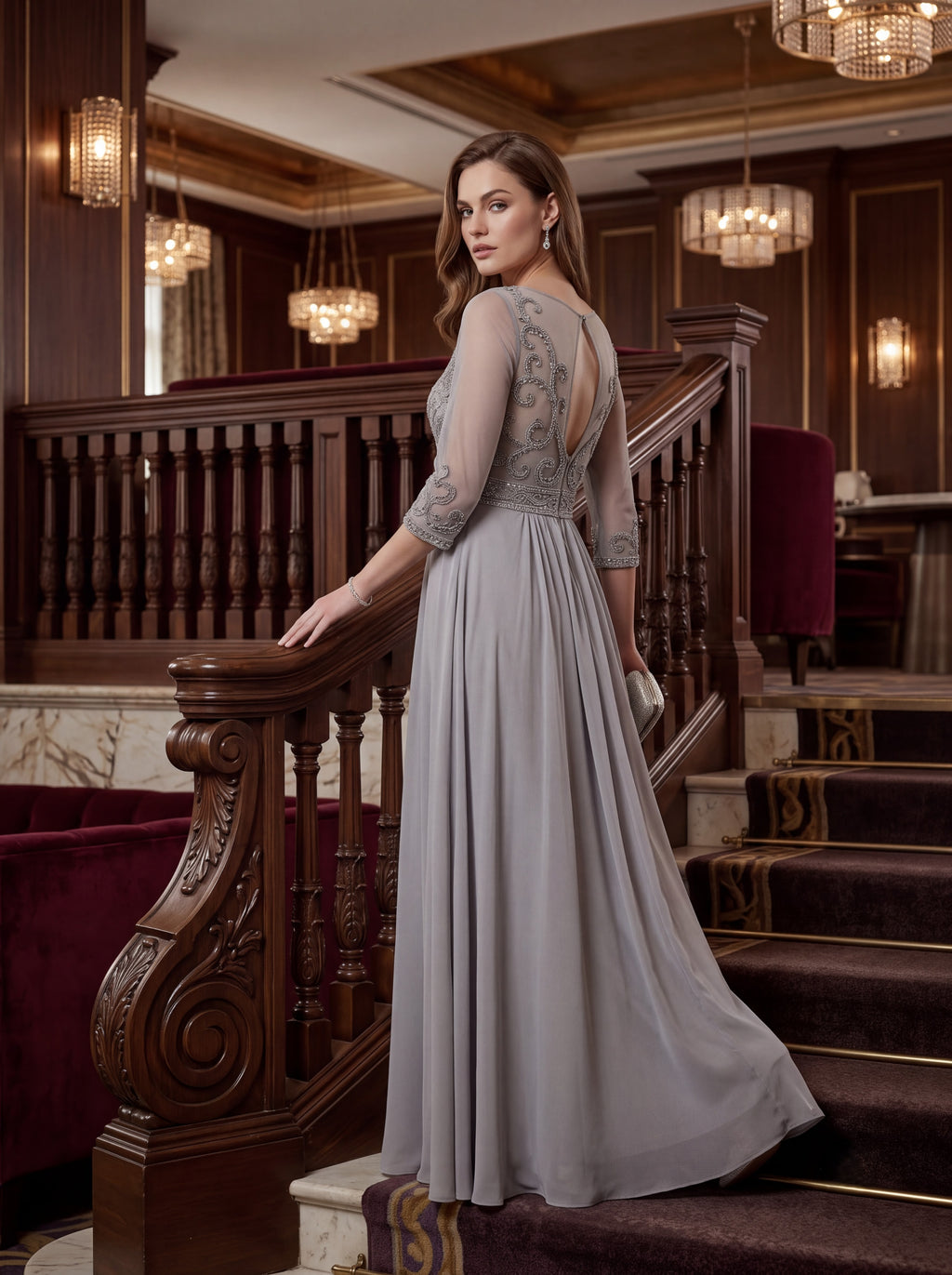 Silver Grey Embroidered Chiffon Maxi Dress