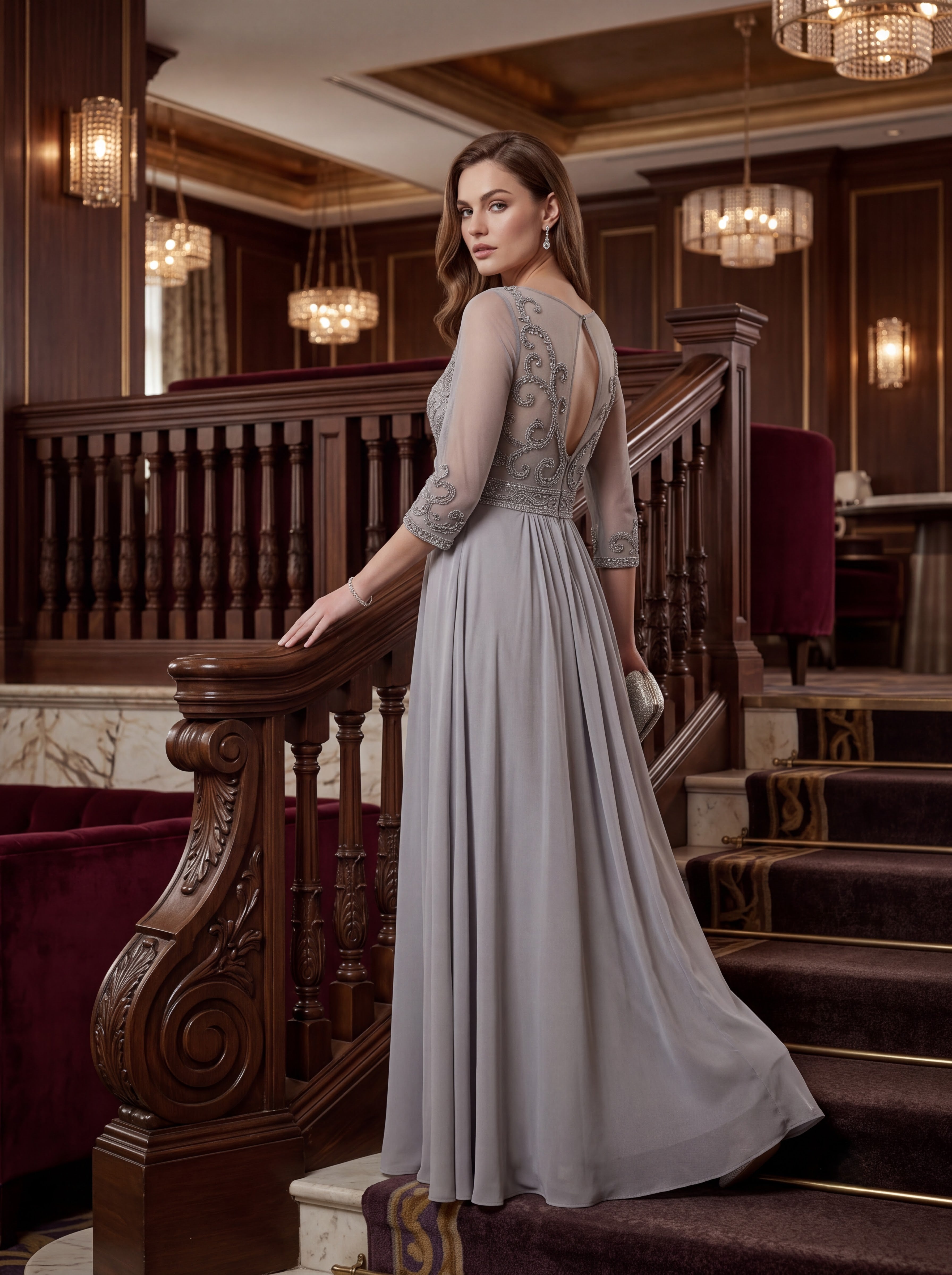 Silver Grey Embroidered Chiffon Maxi Dress