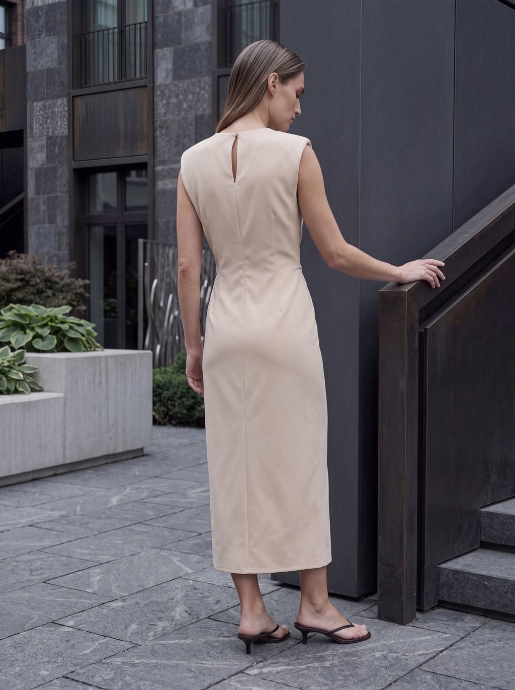 Women's Beige Sleeveless Buckle Detail Midi Dress – Elegant Bodycon Occasion Dress