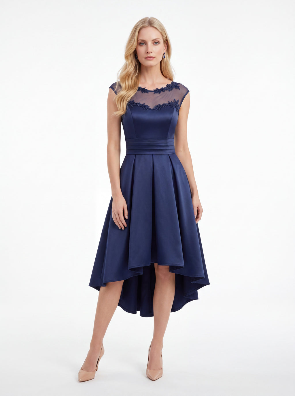 Navy High-Low Satin Dress with Embroidered Illusion Neckline