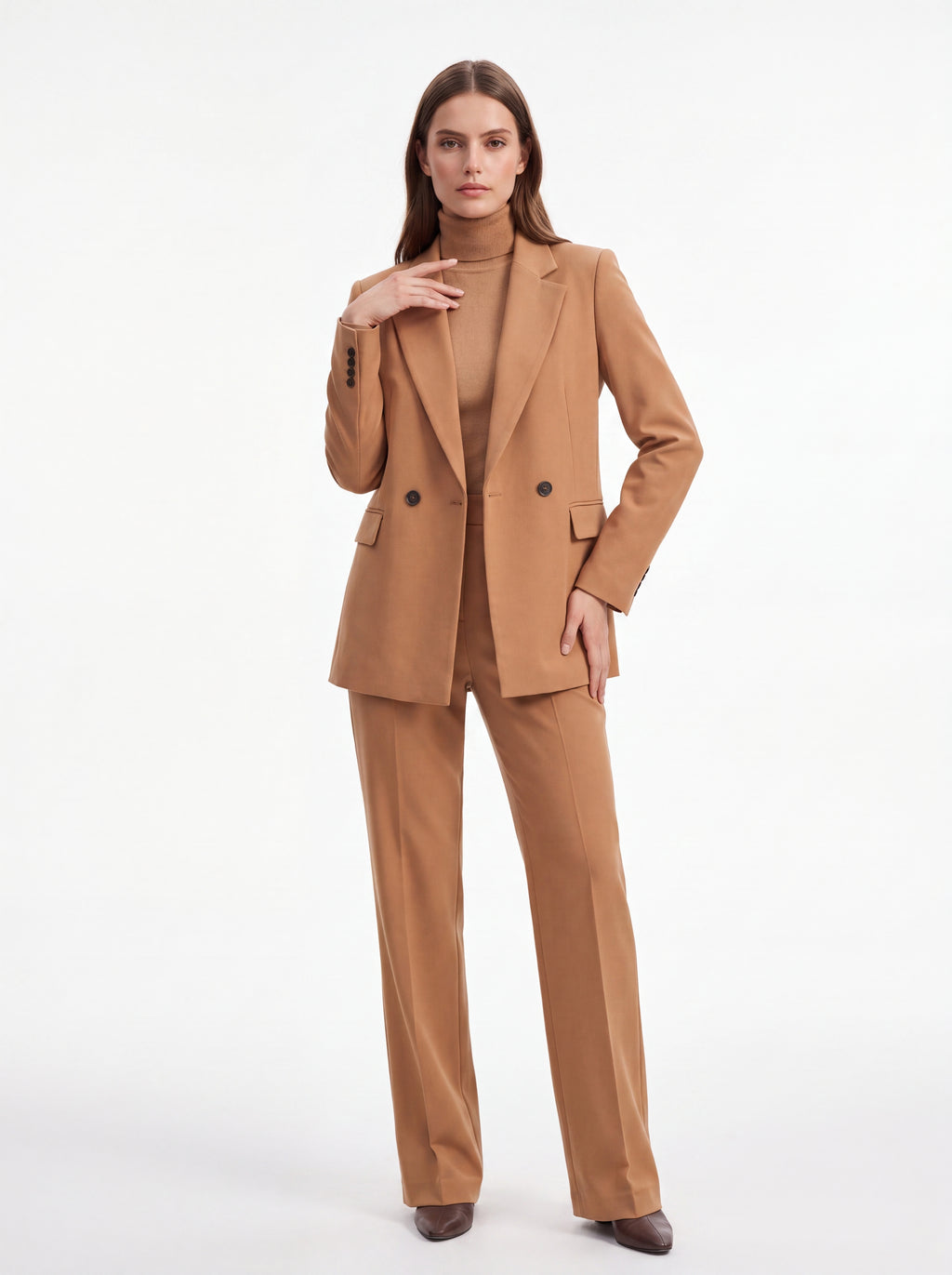 Women's Camel High-Waisted Straight-Leg Tailored Trousers – Premium European Formal Office Pants