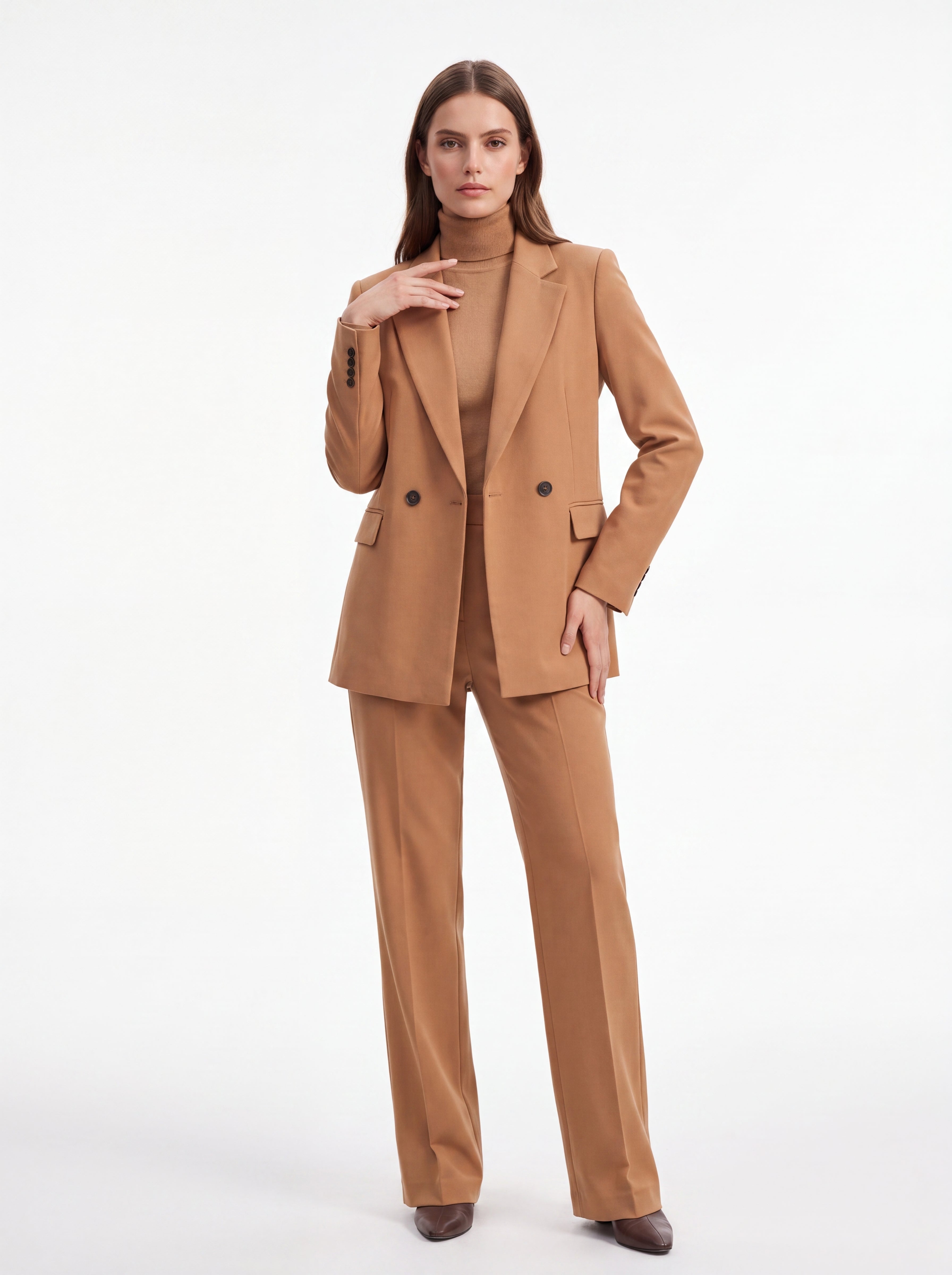 Women's Camel High-Waisted Straight-Leg Tailored Trousers – Premium European Formal Office Pants