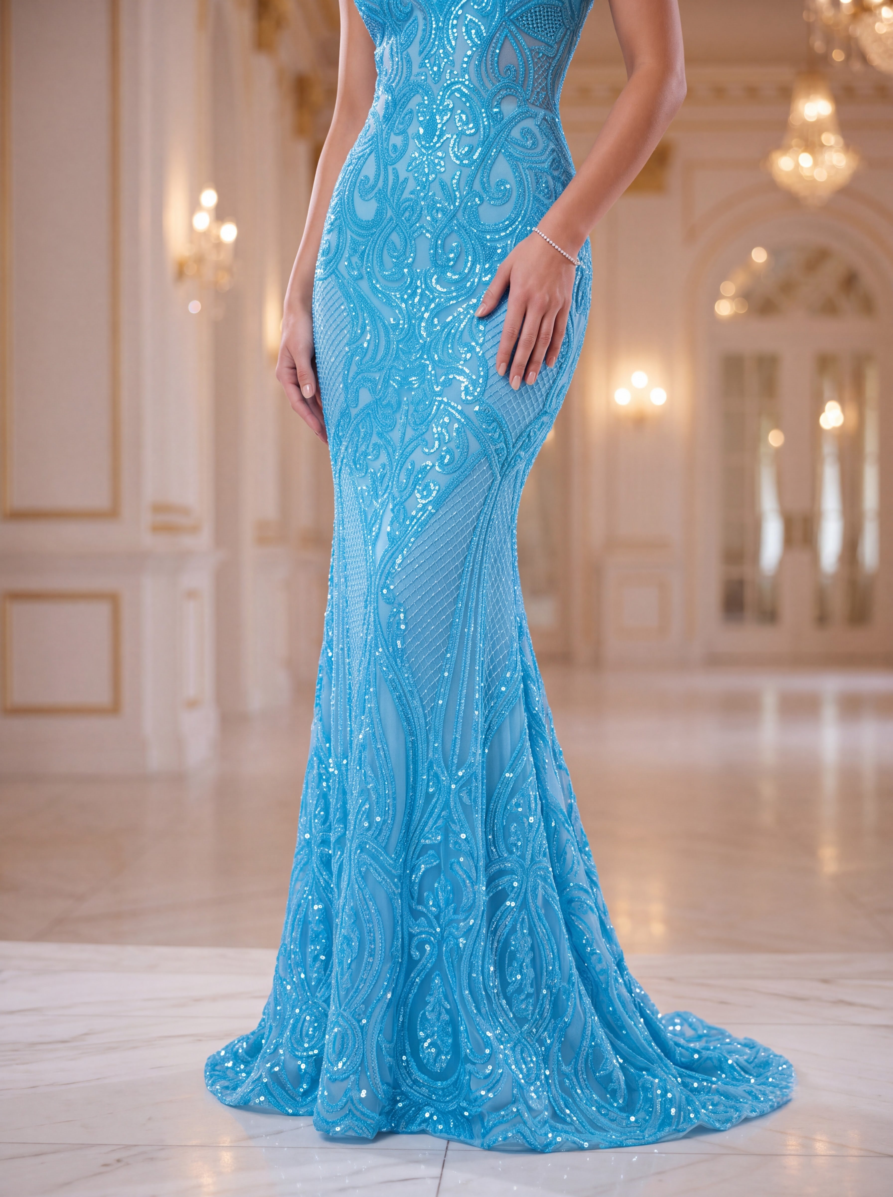 Sky Blue Embellished Mermaid Evening Gown