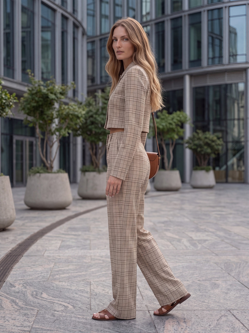 Women's Beige Checkered Cropped Blazer