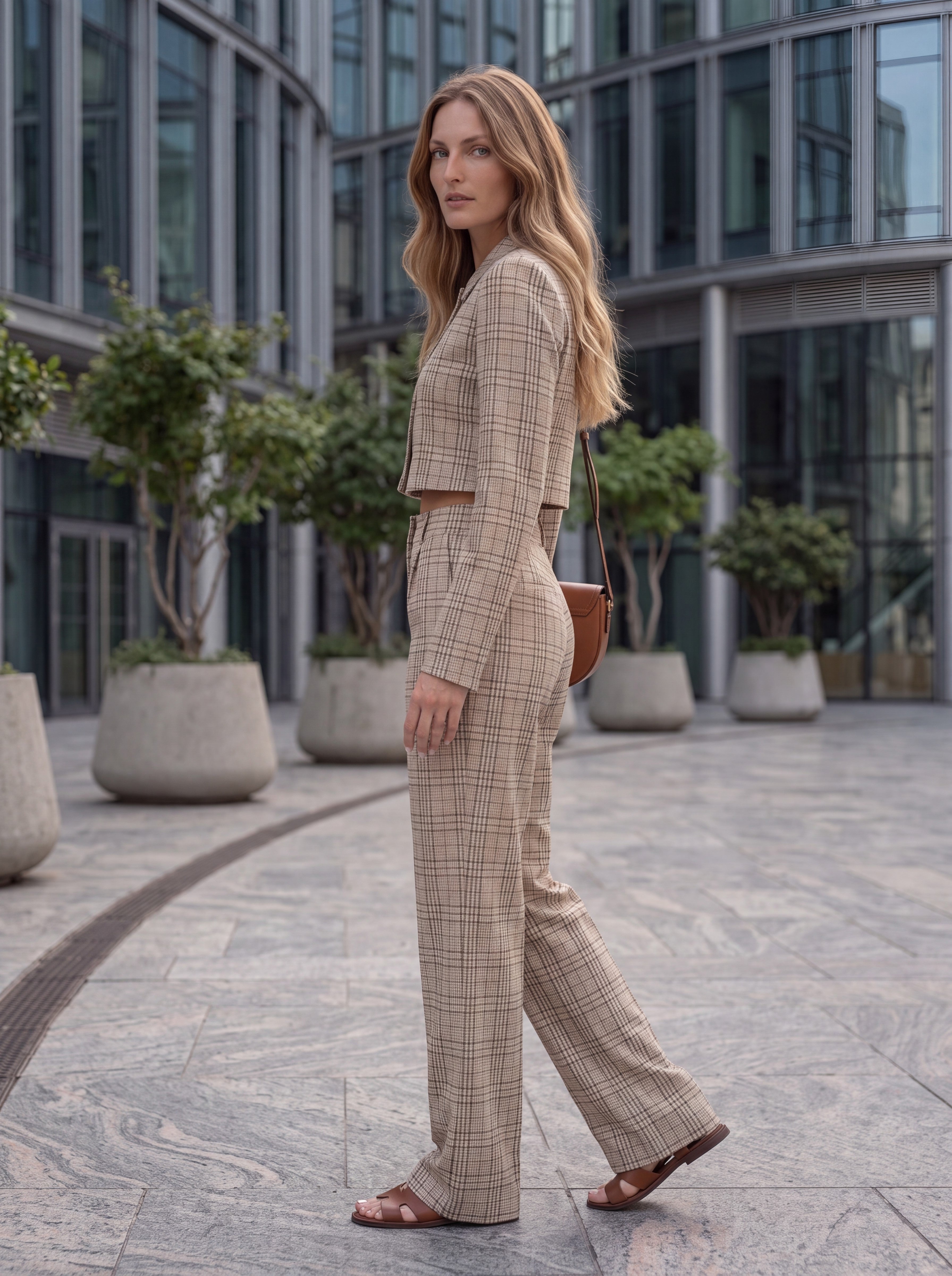 Women's Beige Checkered Cropped Blazer