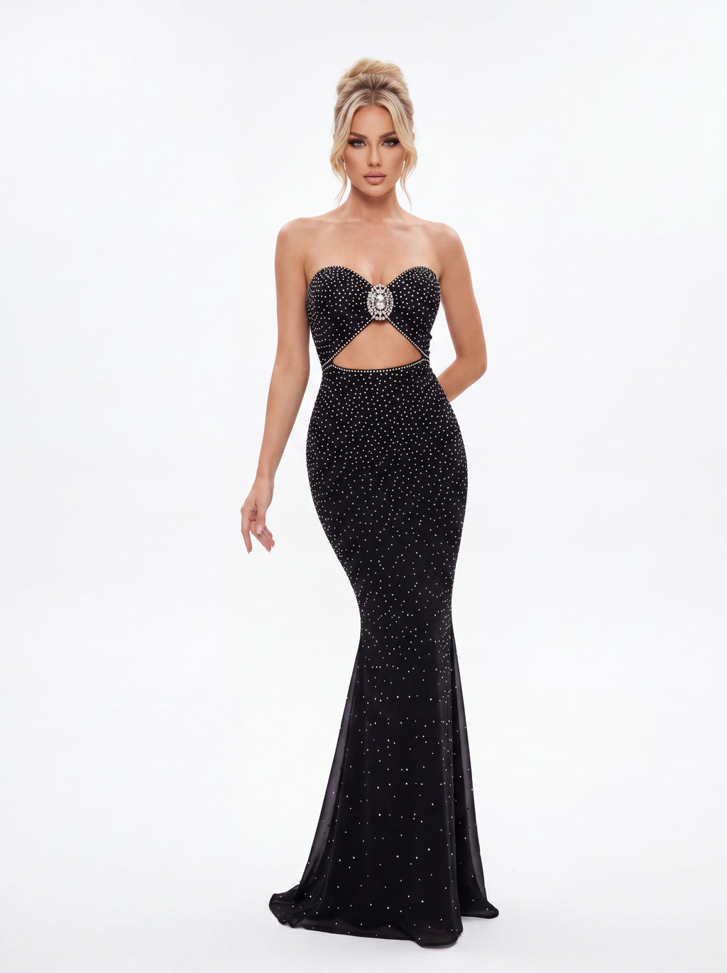 Black Crystal Embellished Cut-Out Mermaid Evening Gown