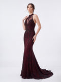 Burgundy Embellished Mermaid Evening Gown