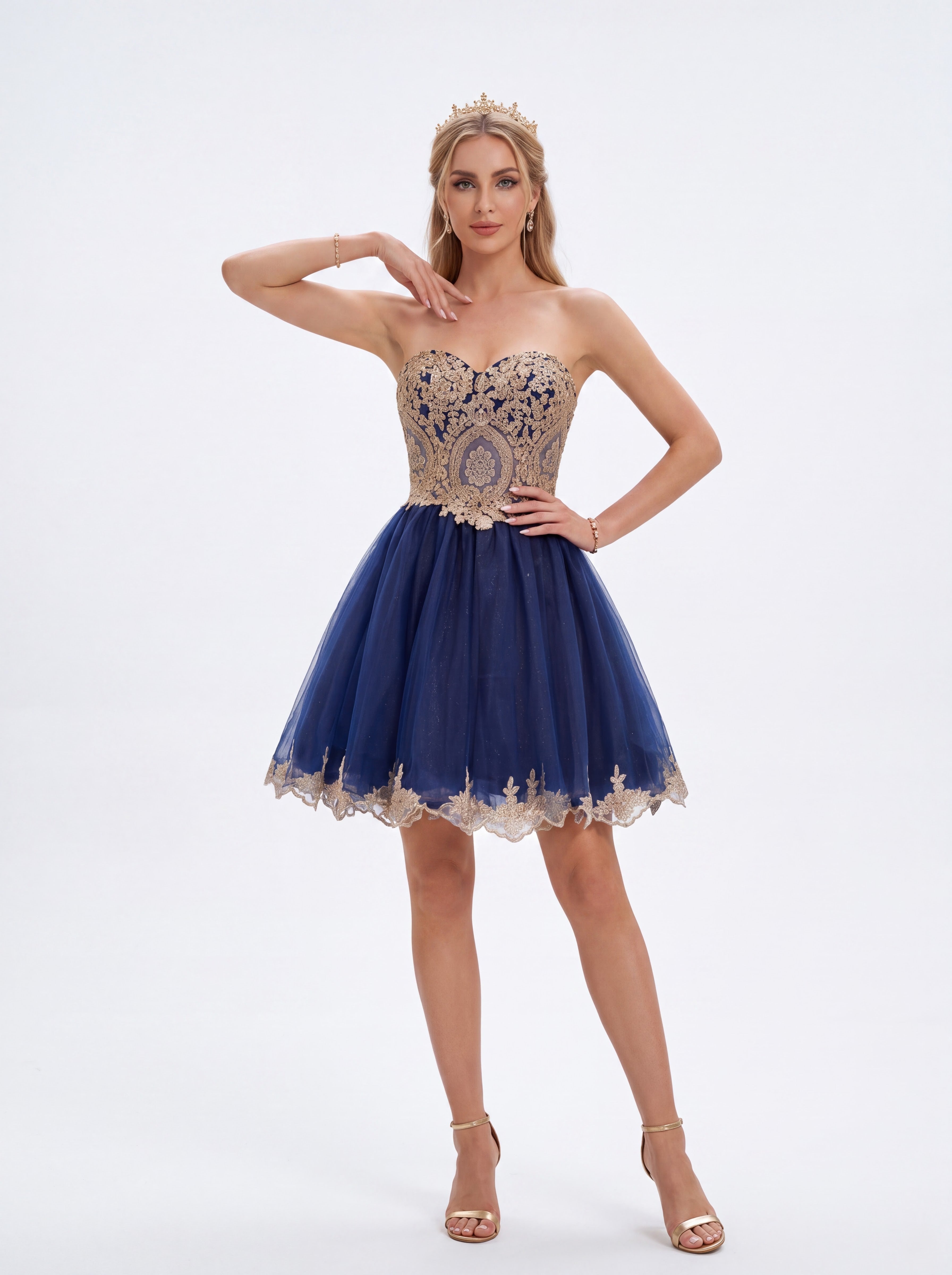 Navy Blue & Gold Embroidered Strapless Tulle Party Dress