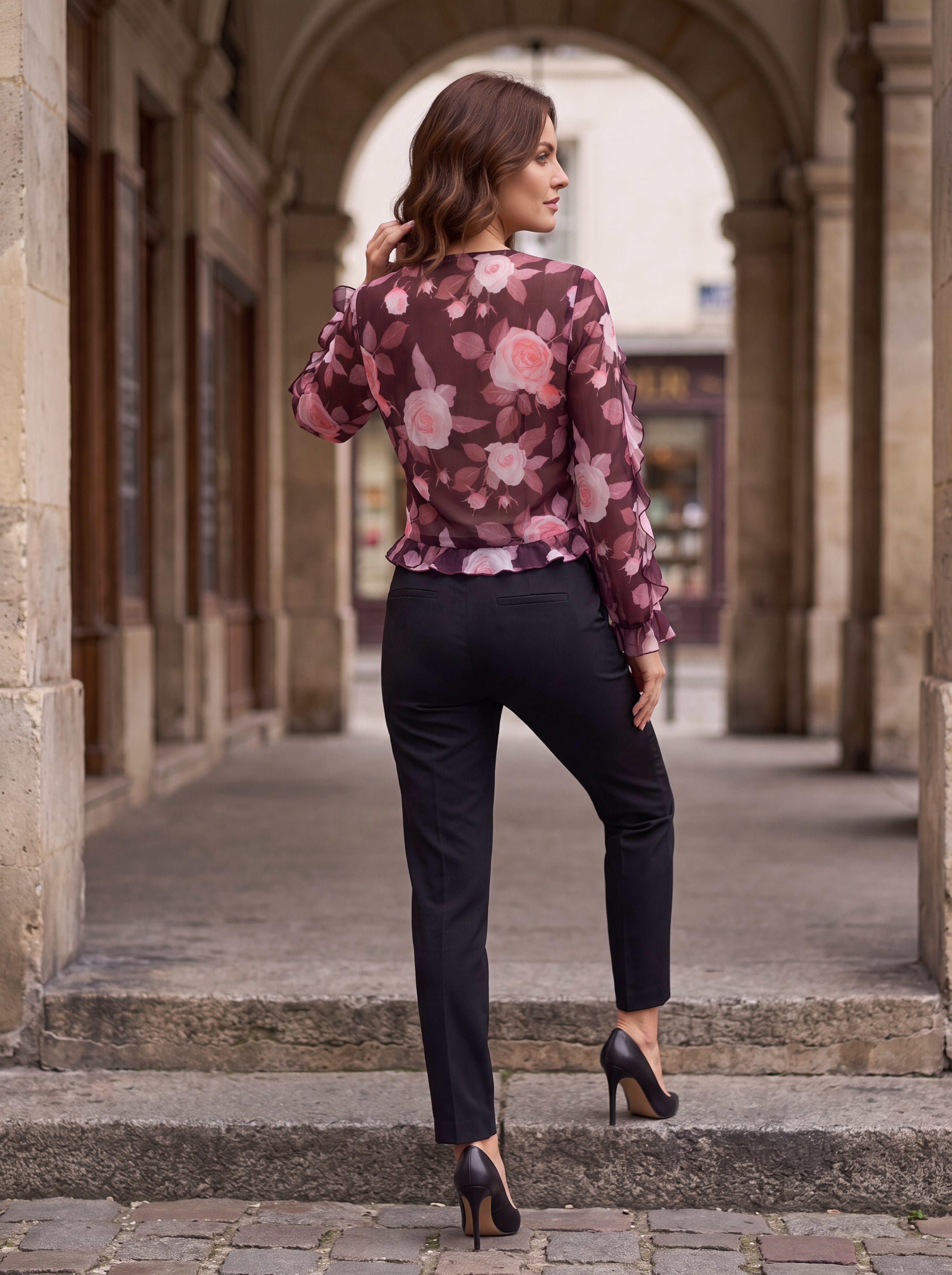 Women's Floral Ruffle Wrap Top | Premium European Sheer Blouse