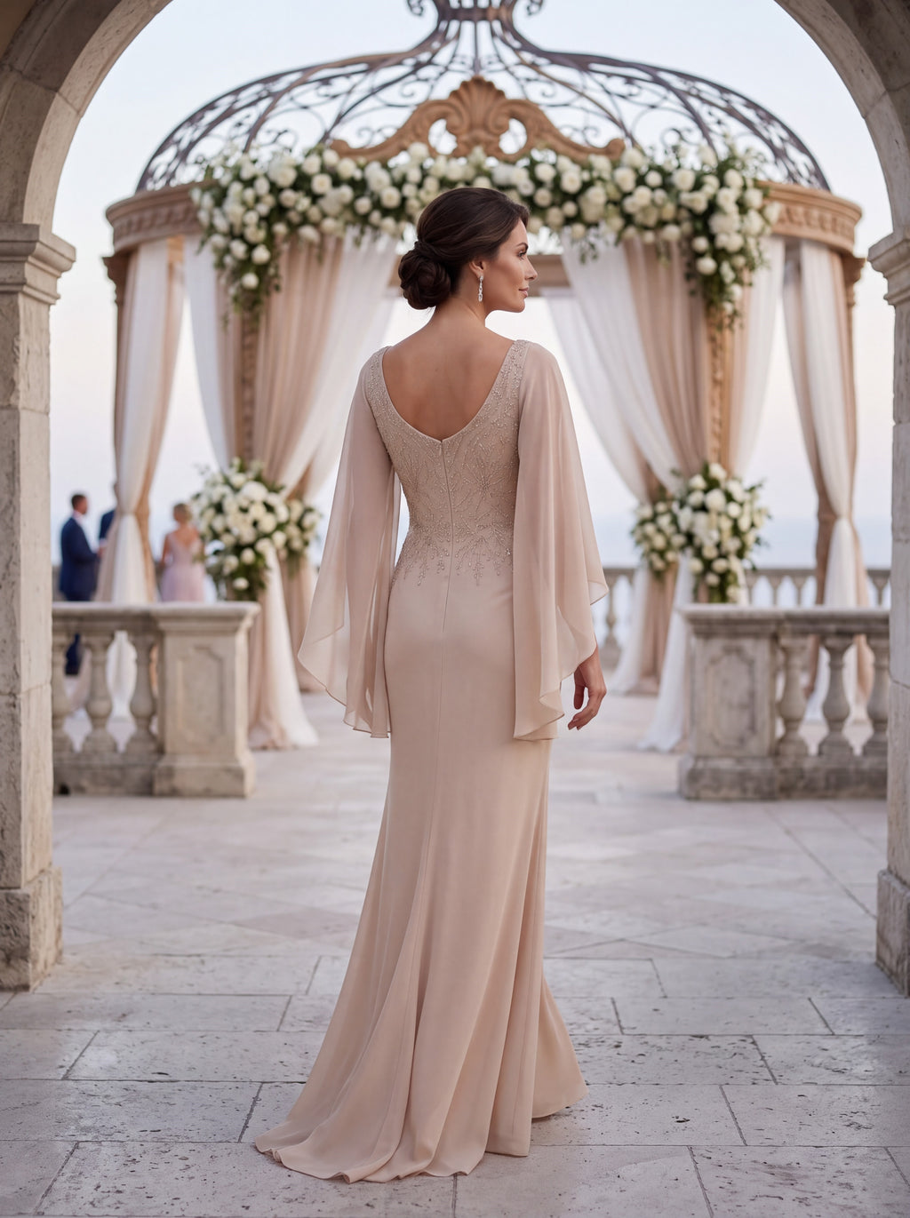 Champagne Embellished Cape Sleeve Evening Gown