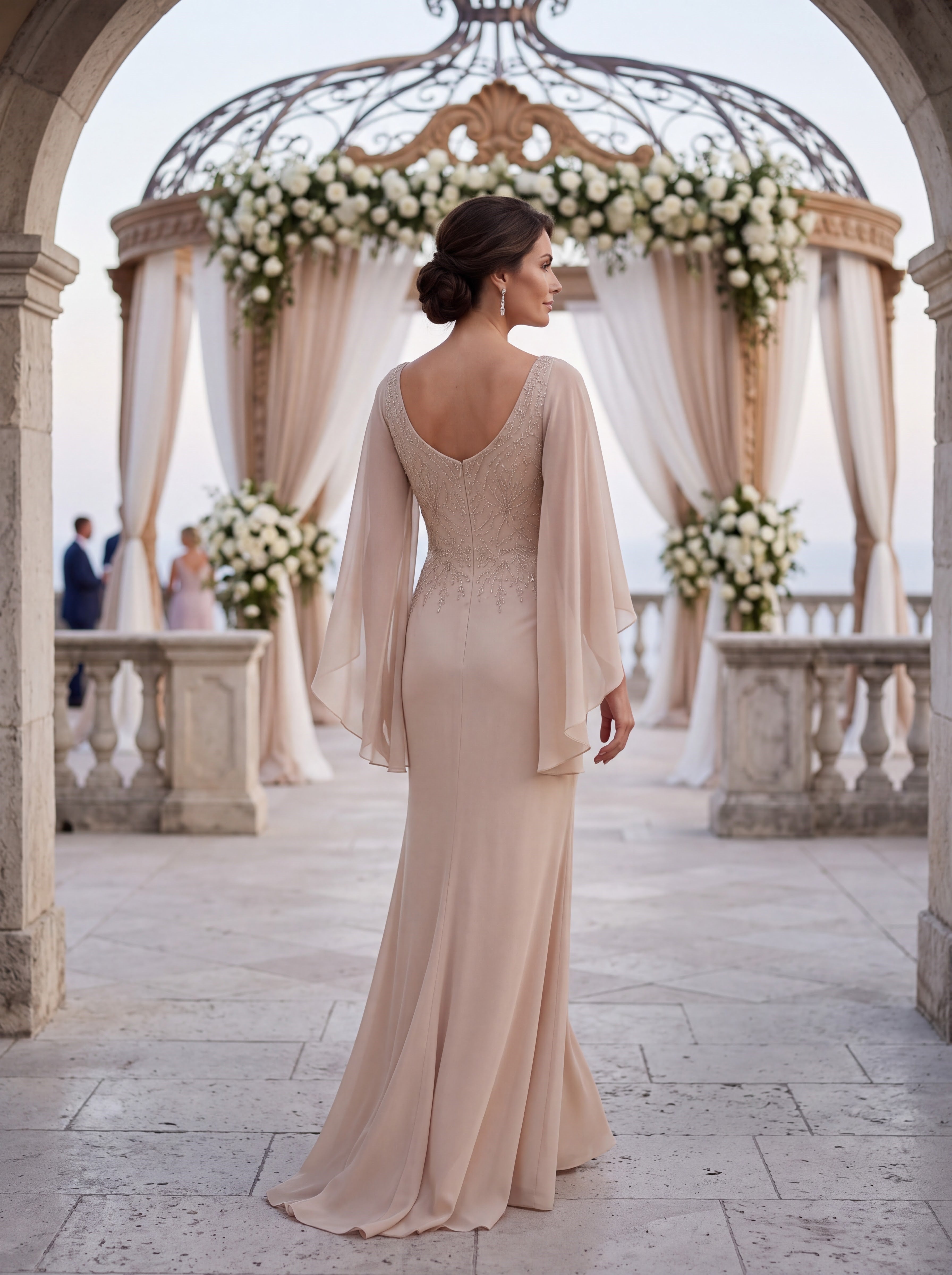 Champagne Embellished Cape Sleeve Evening Gown